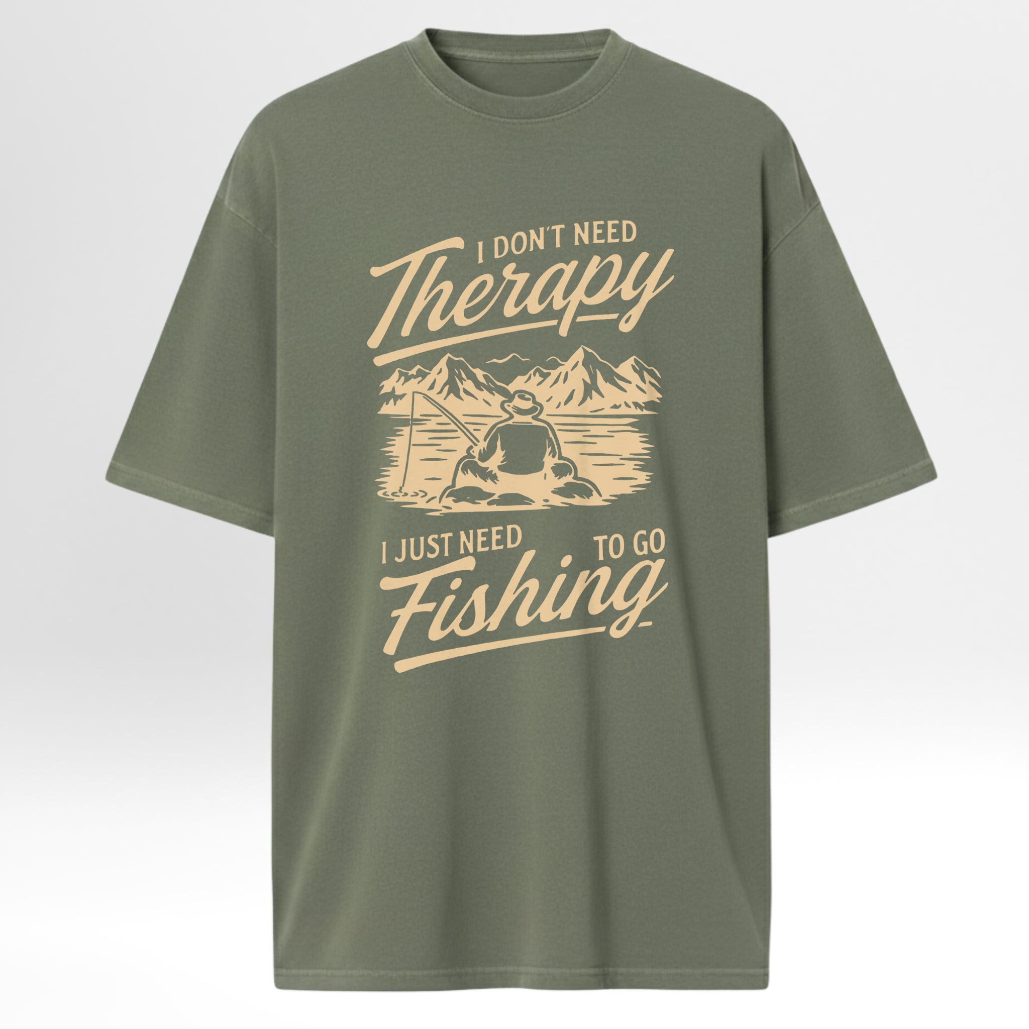 Green fishing t-shirt with fishing graphic and text 'I Don't Need Therapy I Just Need To Go Fishing'