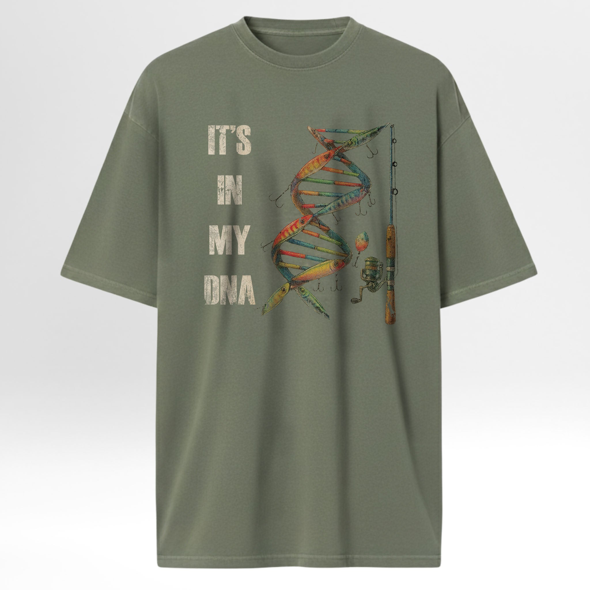 Green fishing t-shirt with DNA graphic and text 'IT'S IN MY DNA'.