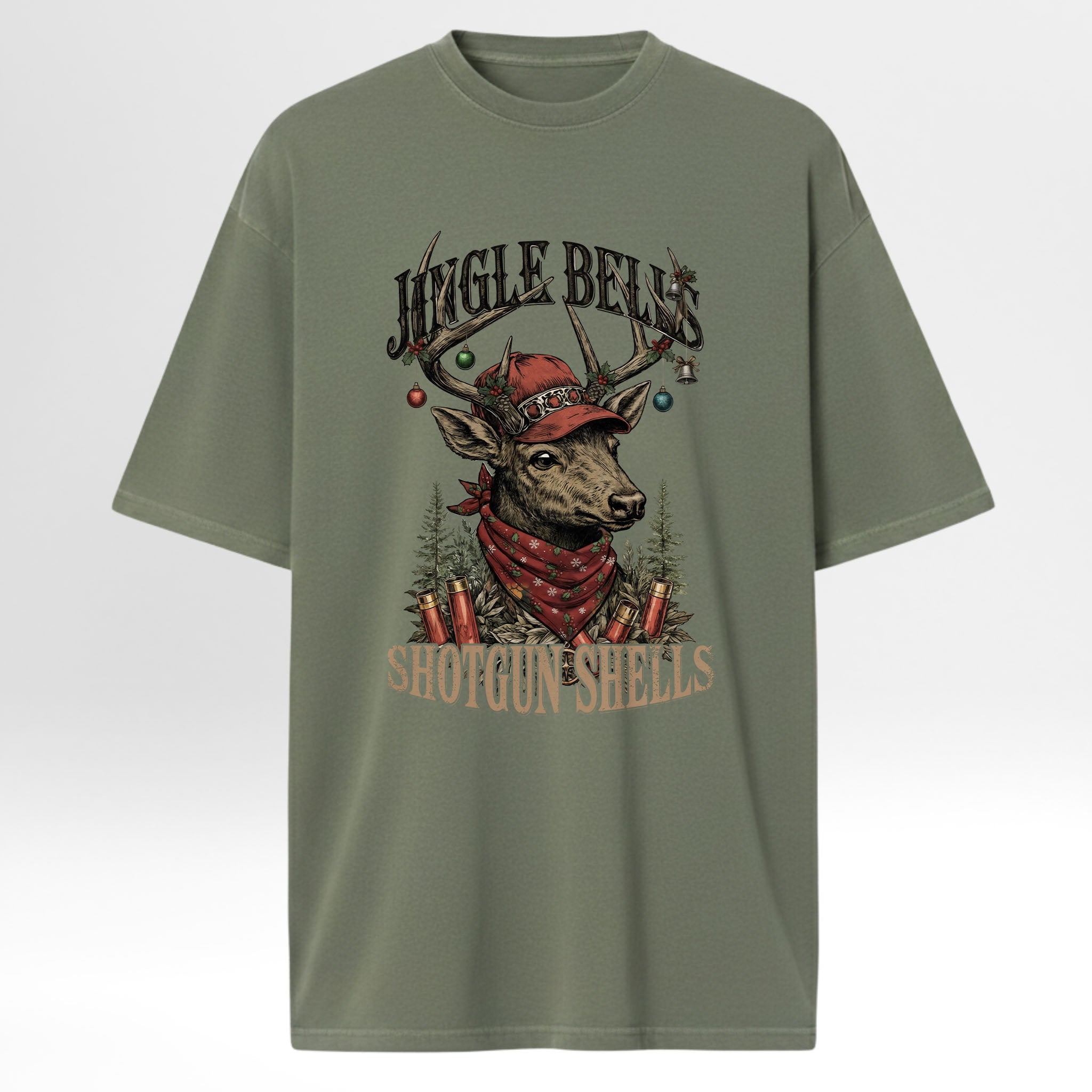 Green hunting graphic t-shirt with a graphic of a deer wearing a red bandana and text 'Jingle Bells Shotgun Shells'