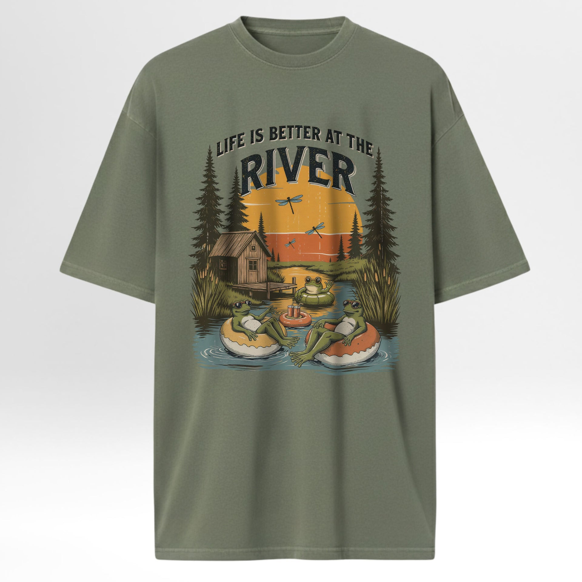 Green outdoor t-shirt with 'Life is Better at the River' graphic design.