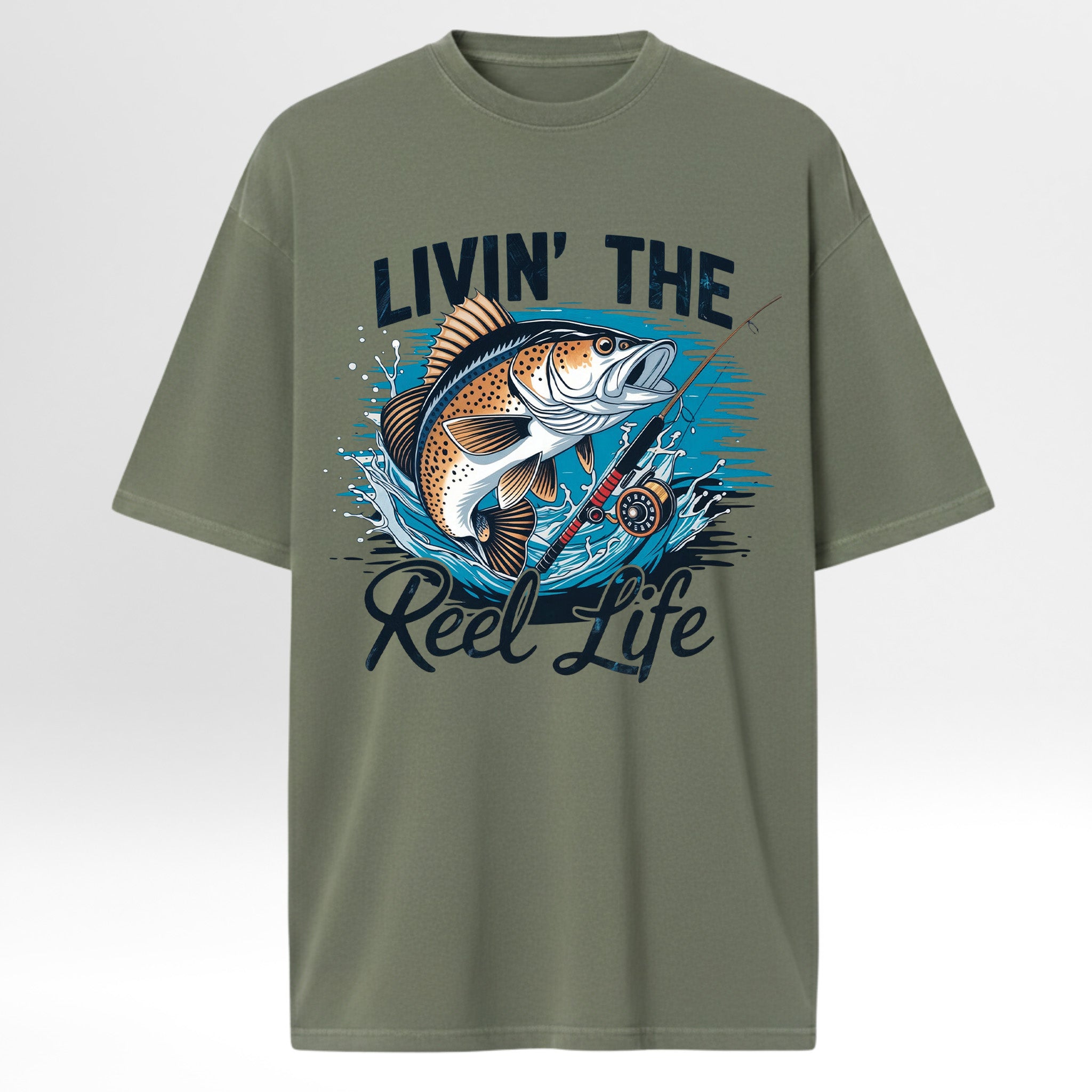 Green fishing graphic t-shirt with a fish graphic and text 'Livin' the Reel Life' 