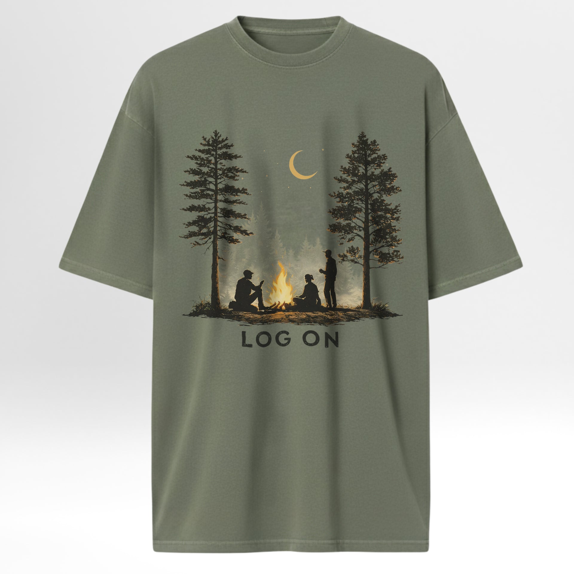 Green outdoor t-shirt with a graphic of people around a campfire and trees, with 'LOG ON' text.