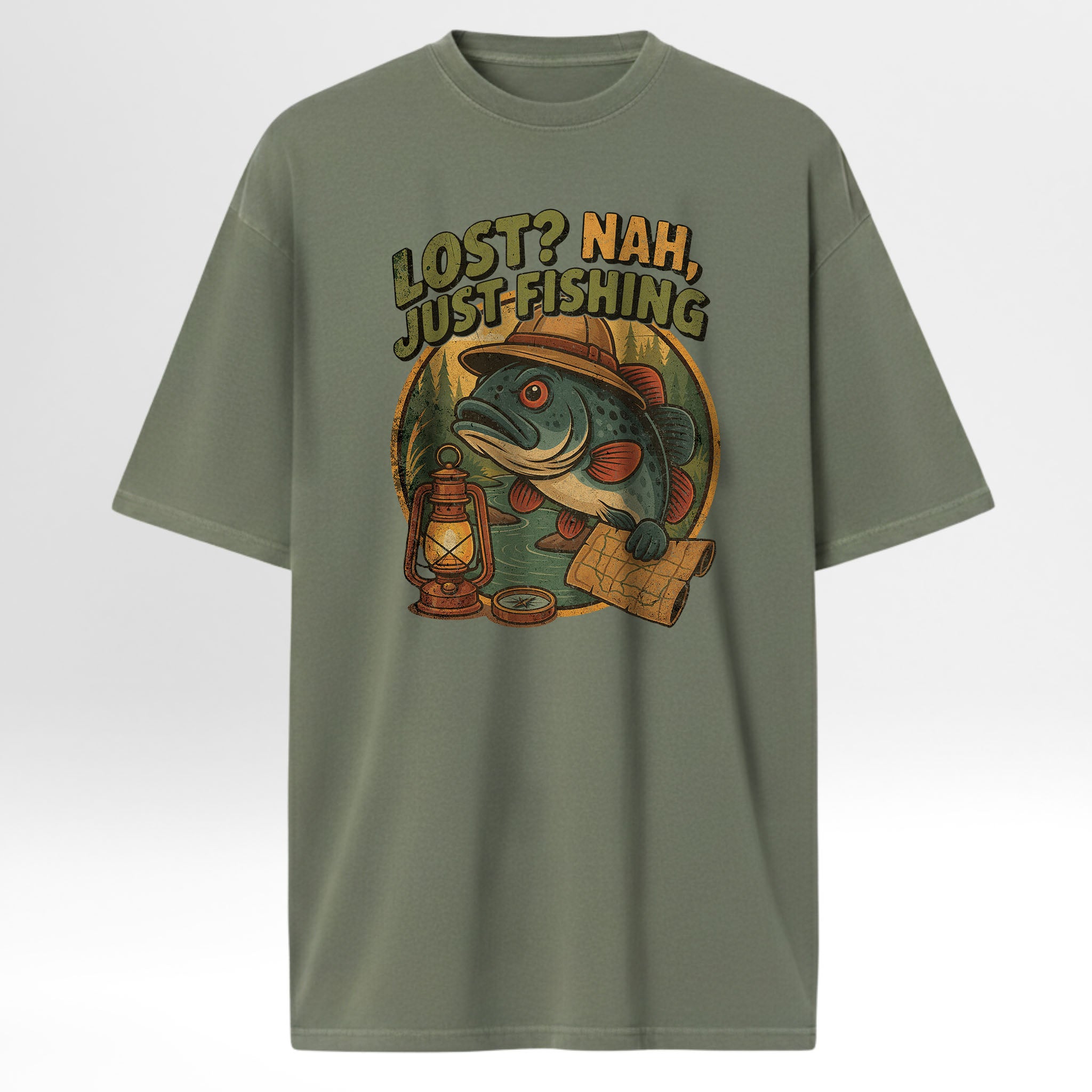 Green fishing t-shirt with fishing-themed graphic and text 'Lost? Nah, Just Fishing'.