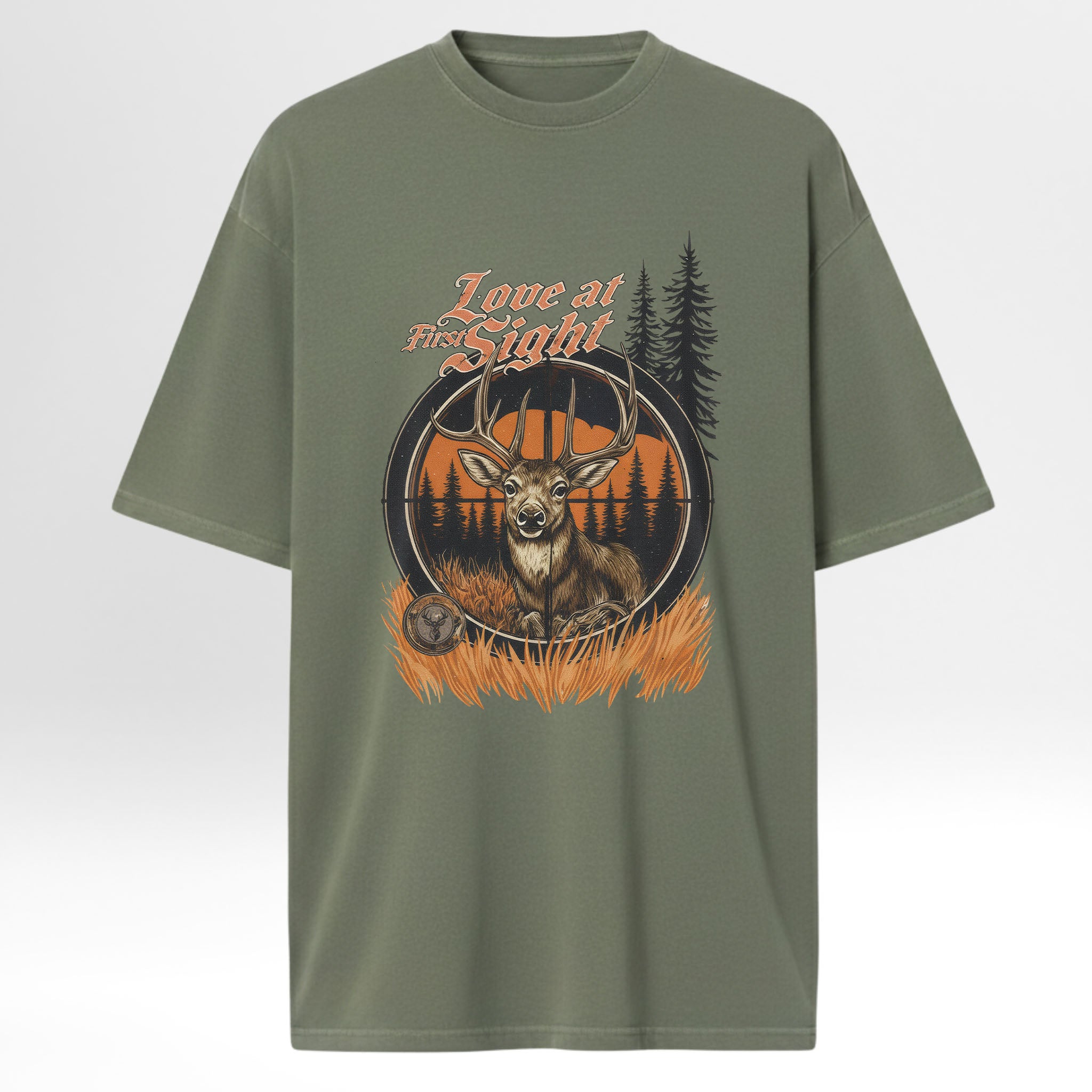 Green hunting graphic t-shirt with a deer graphic and 'Love at First Sight' text 
