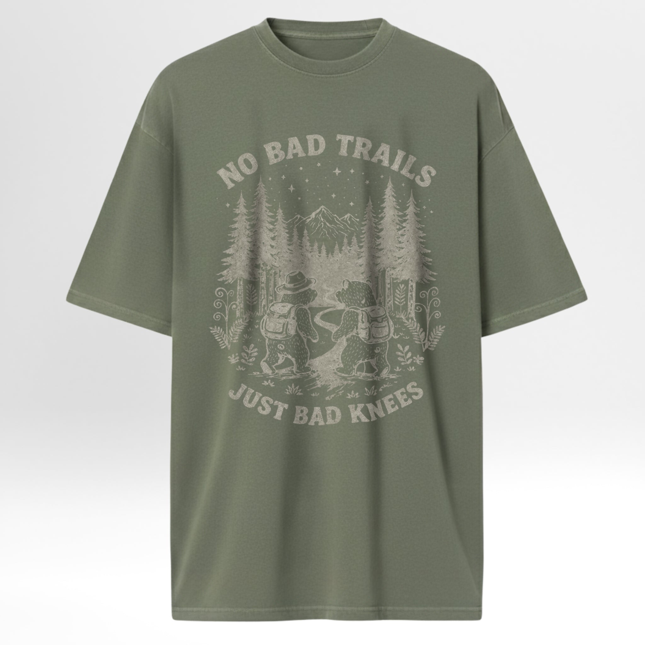 Green  t-shirt with graphic design and text 'No Bad Trails Just Bad Knees' 