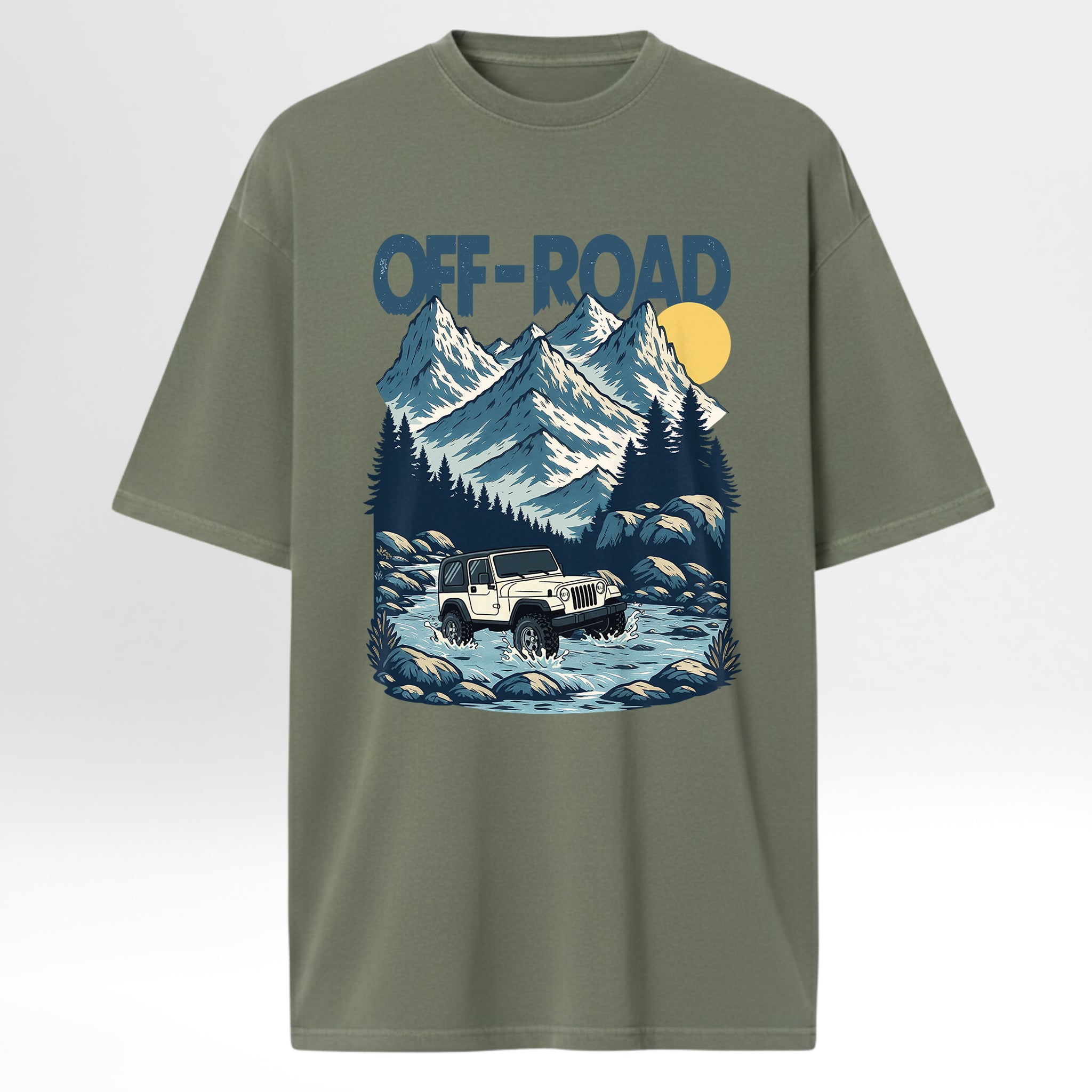 Green t-shirt with off-road graphic design featuring a jeep, mountains, and trees on a white background.