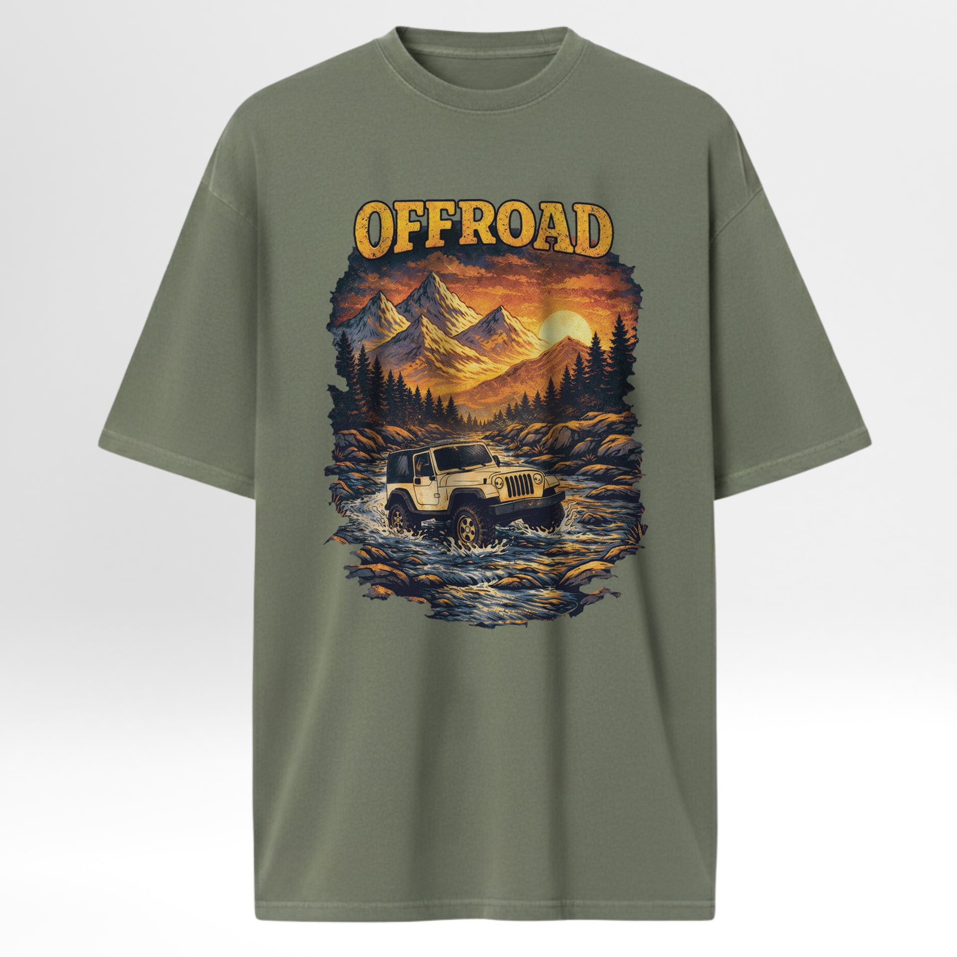 Green outdoor t-shirt with 'Offroad' graphic design featuring a jeep and mountain landscape.