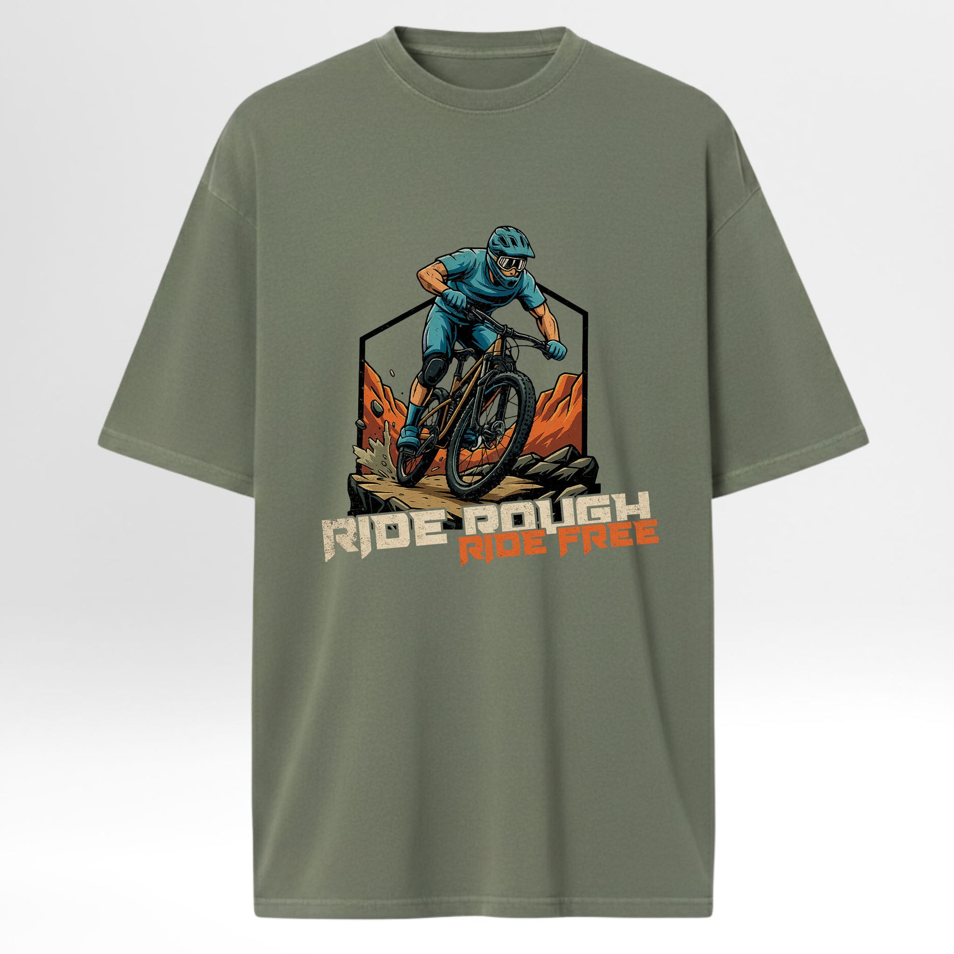 Green trail graphic t-shirt with a graphic of a mountain biker and text 'Ride Rough, Ride Free' on a white background