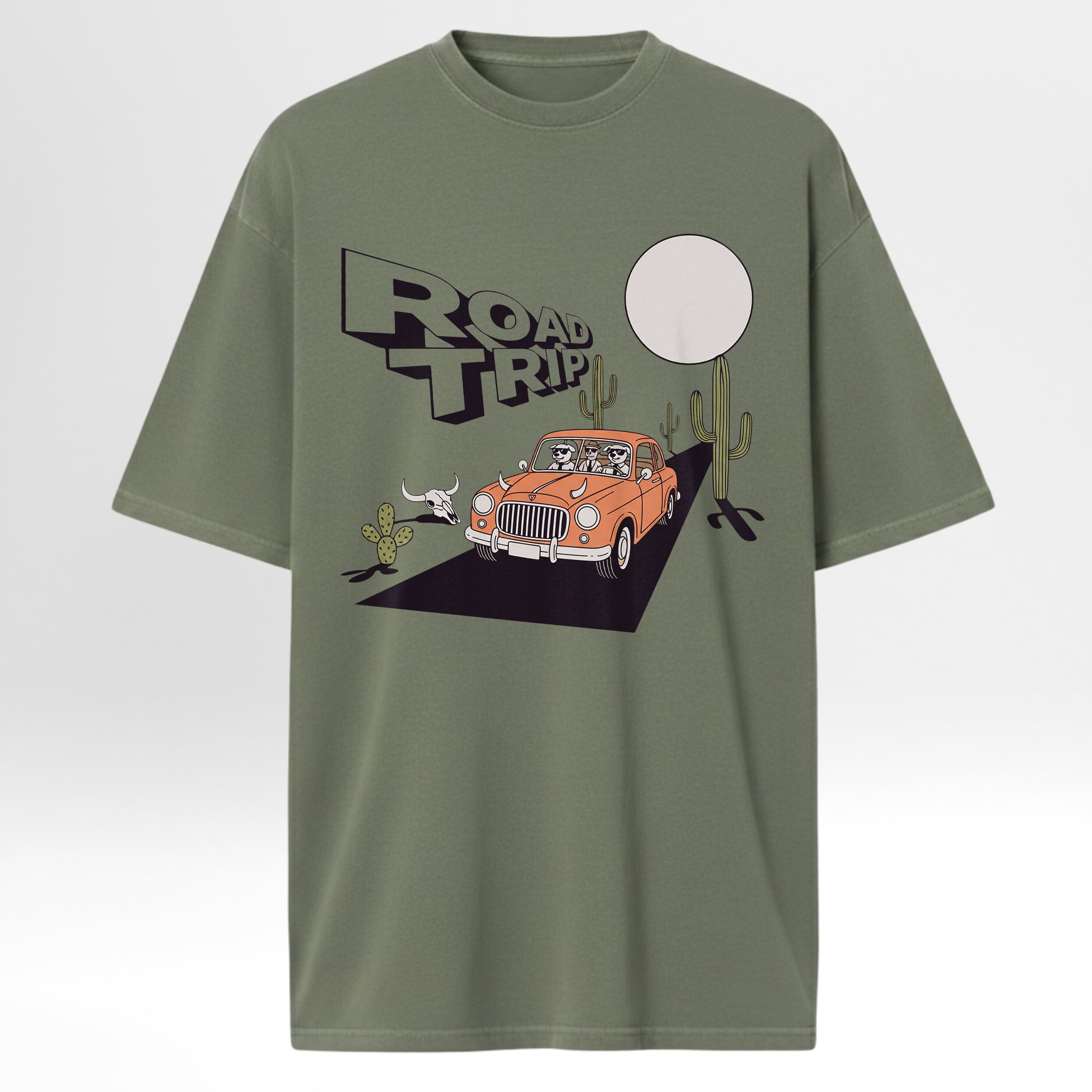 Green t-shirt with 'Road Trip' graphic featuring a car and cacti 