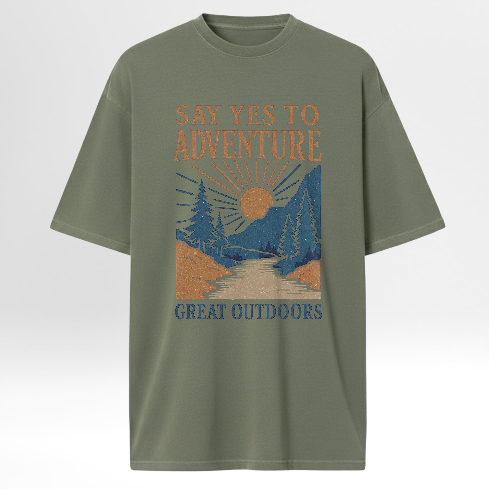 Green trail graphic t-shirt with outdoor-themed graphic and text on a light gray background