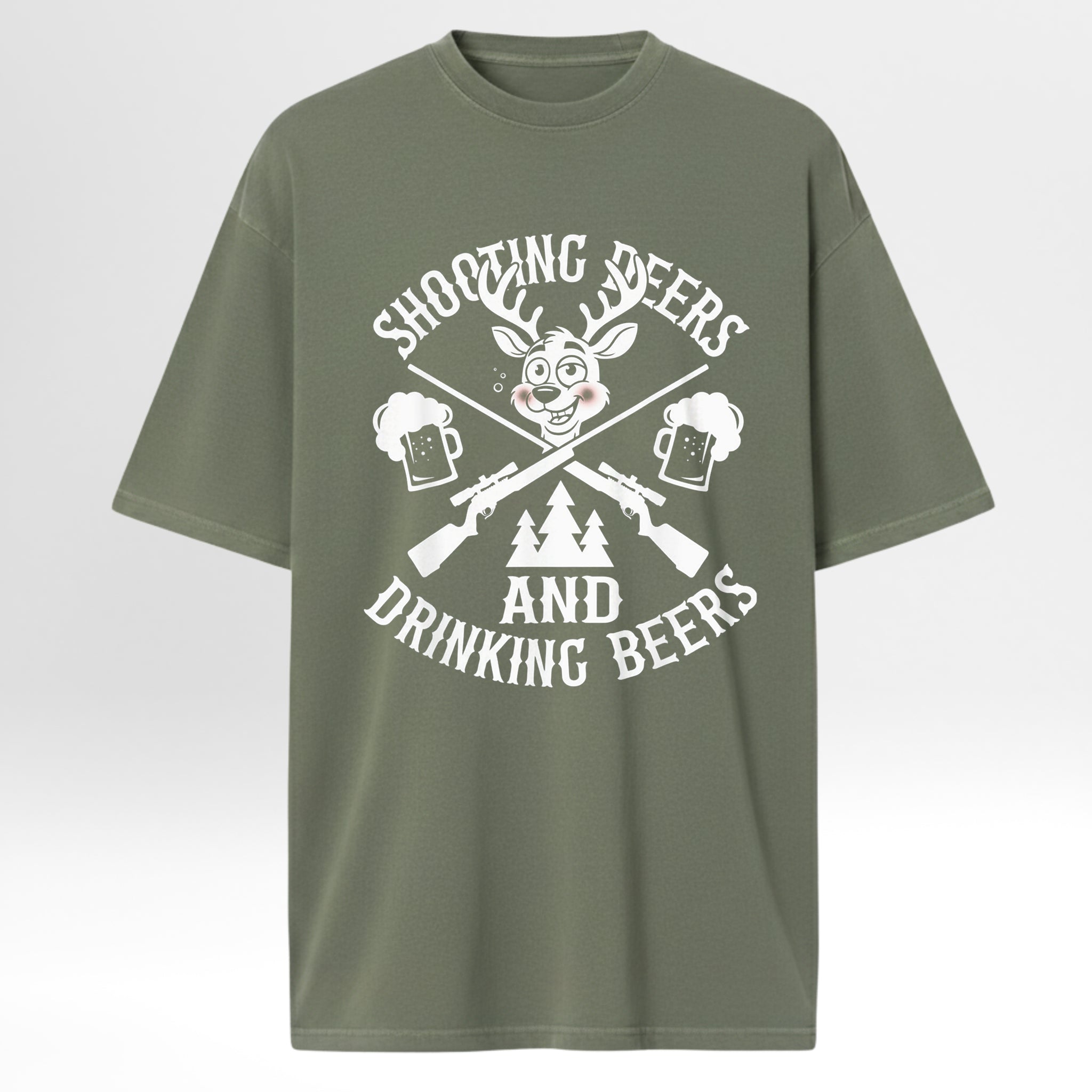 Green hunting graphic t-shirt with white graphic and text 'Shooting Deer and Drinking Beers' on a light gray background