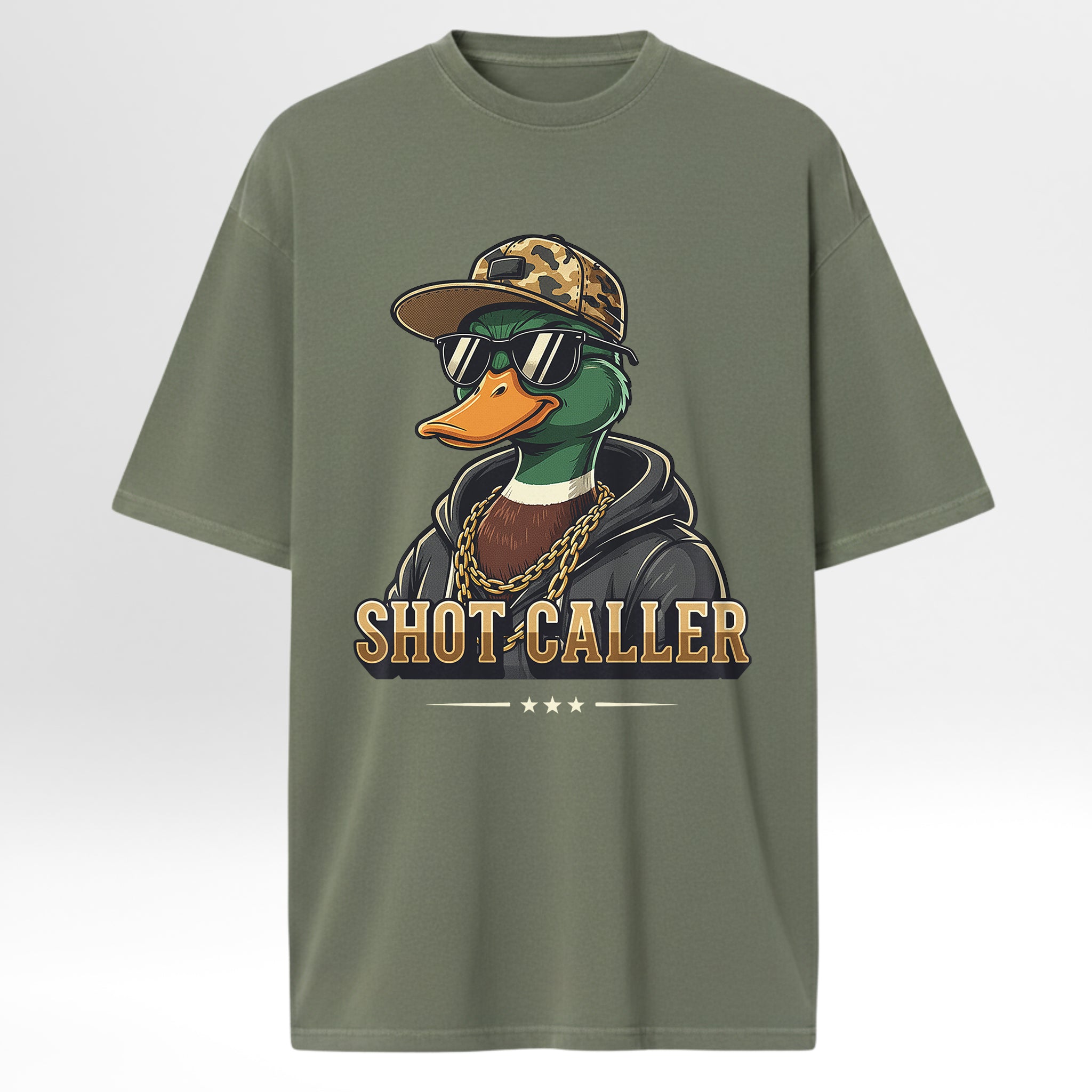 Green hunting graphic t-shirt with a duck graphic and 'Shot Caller' text on a white background