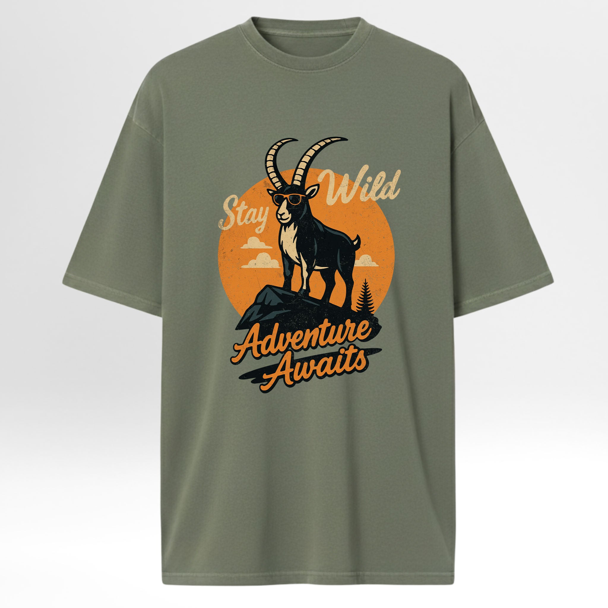 Green hunting graphic t-shirt with a graphic of a goat and text 'Stay Wild Adventure Awaits' on a white background