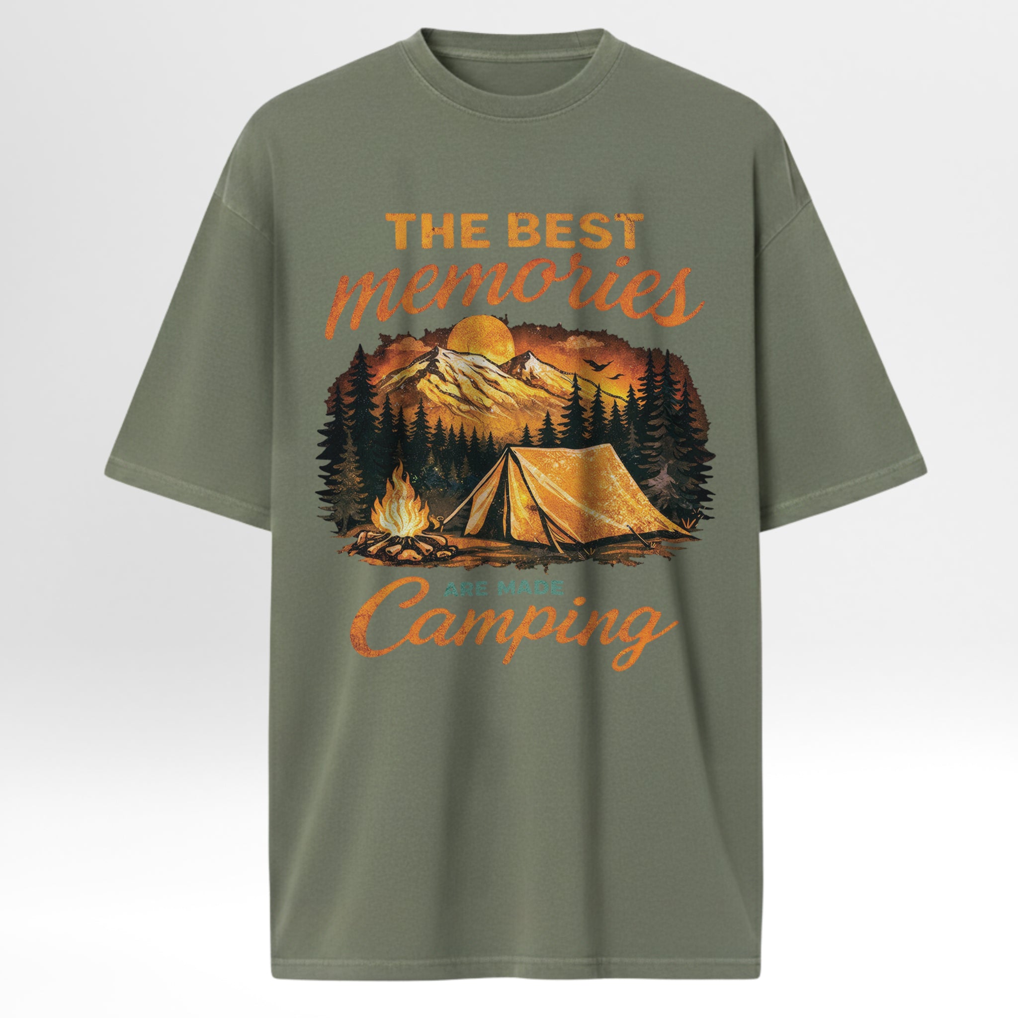 Green camping t-shirt with camping graphic and text 'The Best Memories Are Made Camping'.