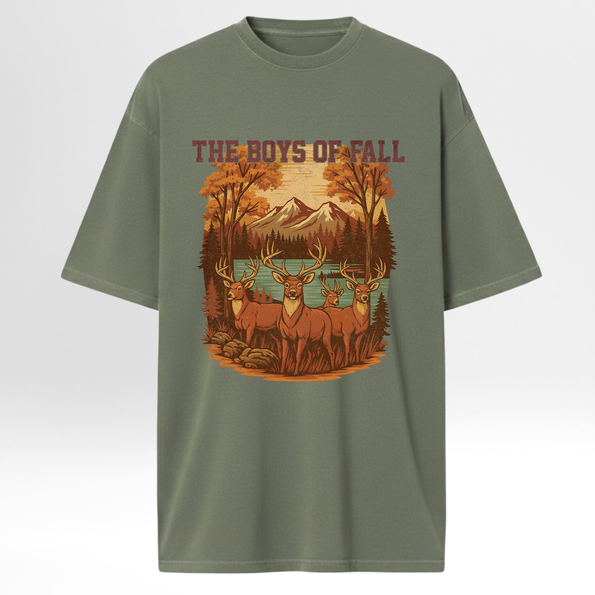 Green hunting graphic t-shirt with a graphic of deer and mountains and text 'The Boys of Fall' on a white background