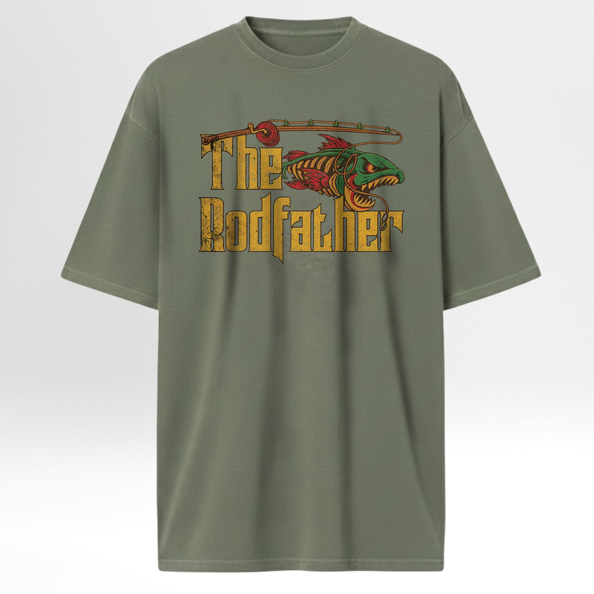 Green fishing t-shirt with 'The Rodfather' graphic design.