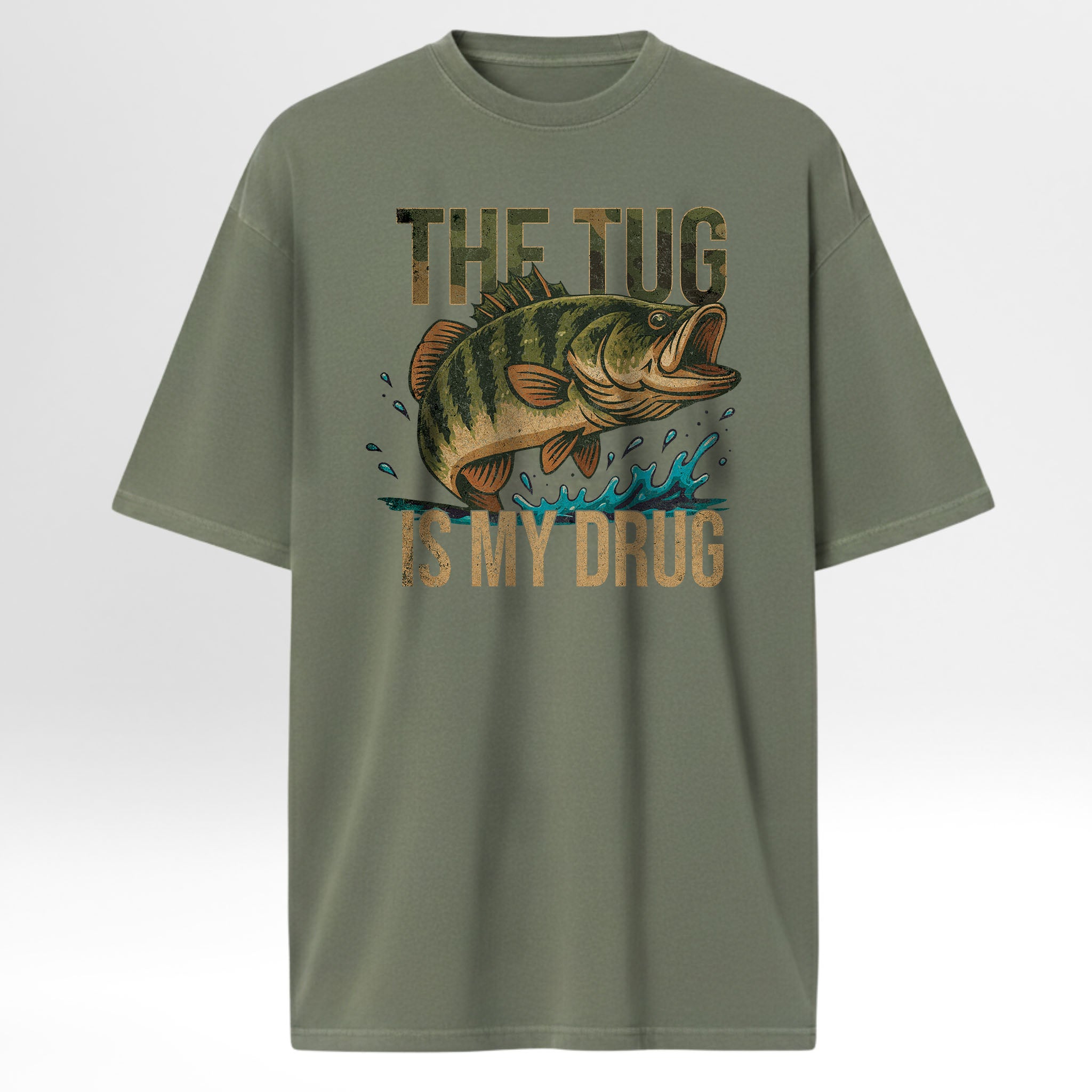 Green fishing t-shirt with a fish graphic and text on a white background