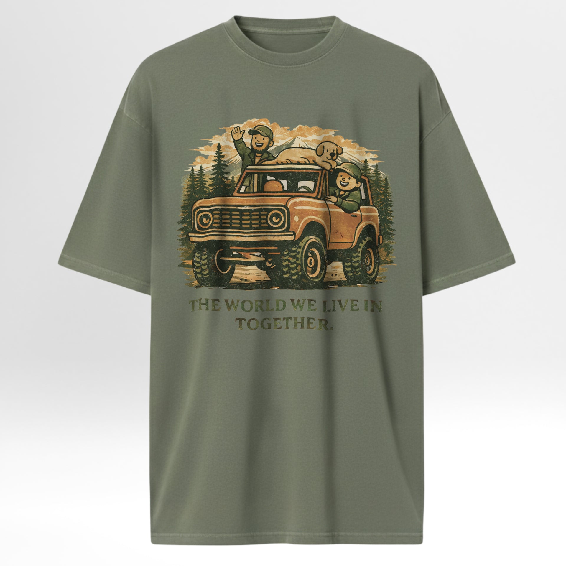 Green outdoor t-shirt with a graphic of a vintage truck and two people in a forest, with text 'The World We Live In Together'.