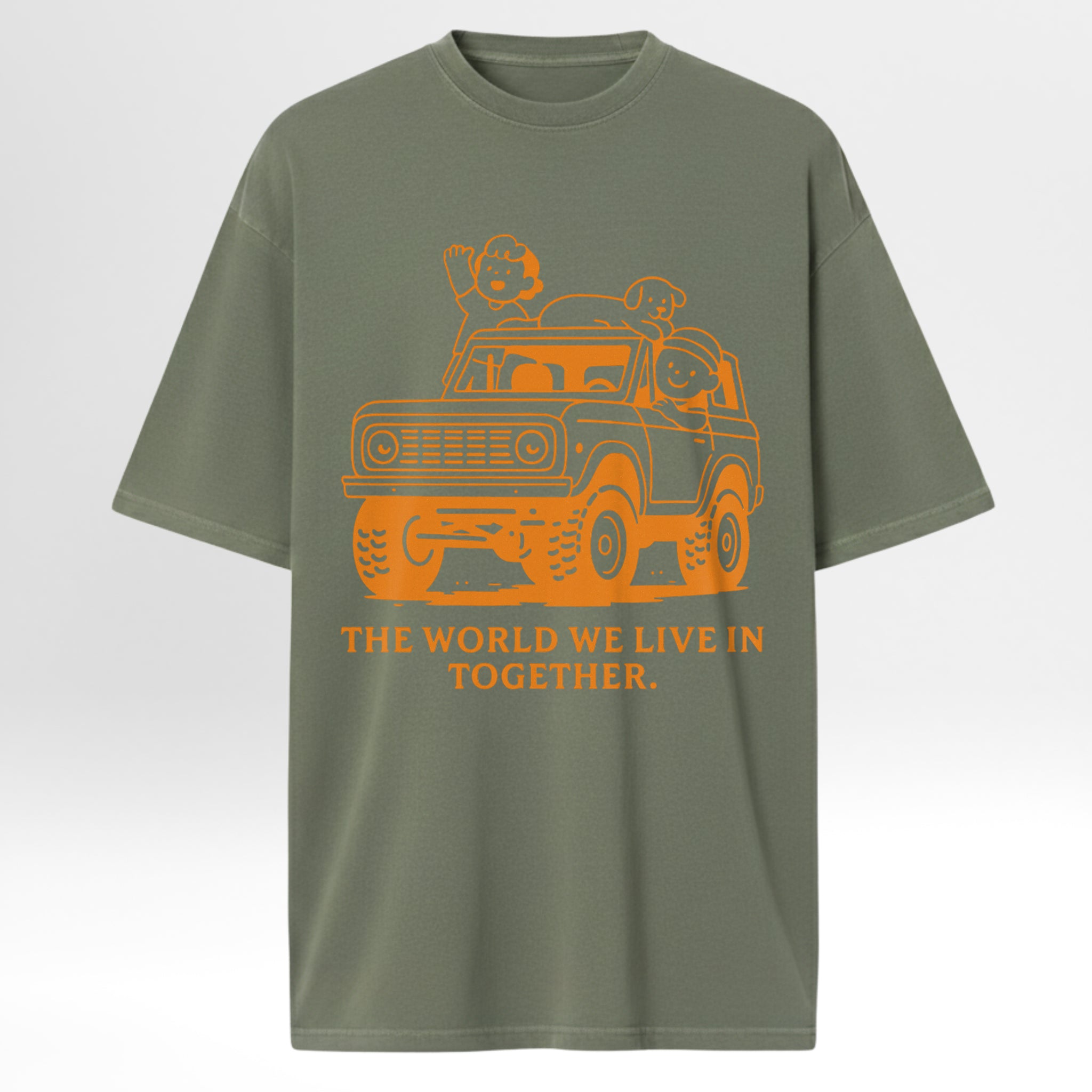 Green trail graphic t-shirt with orange graphic of a car and text 'The World We Live In Together' on a white background