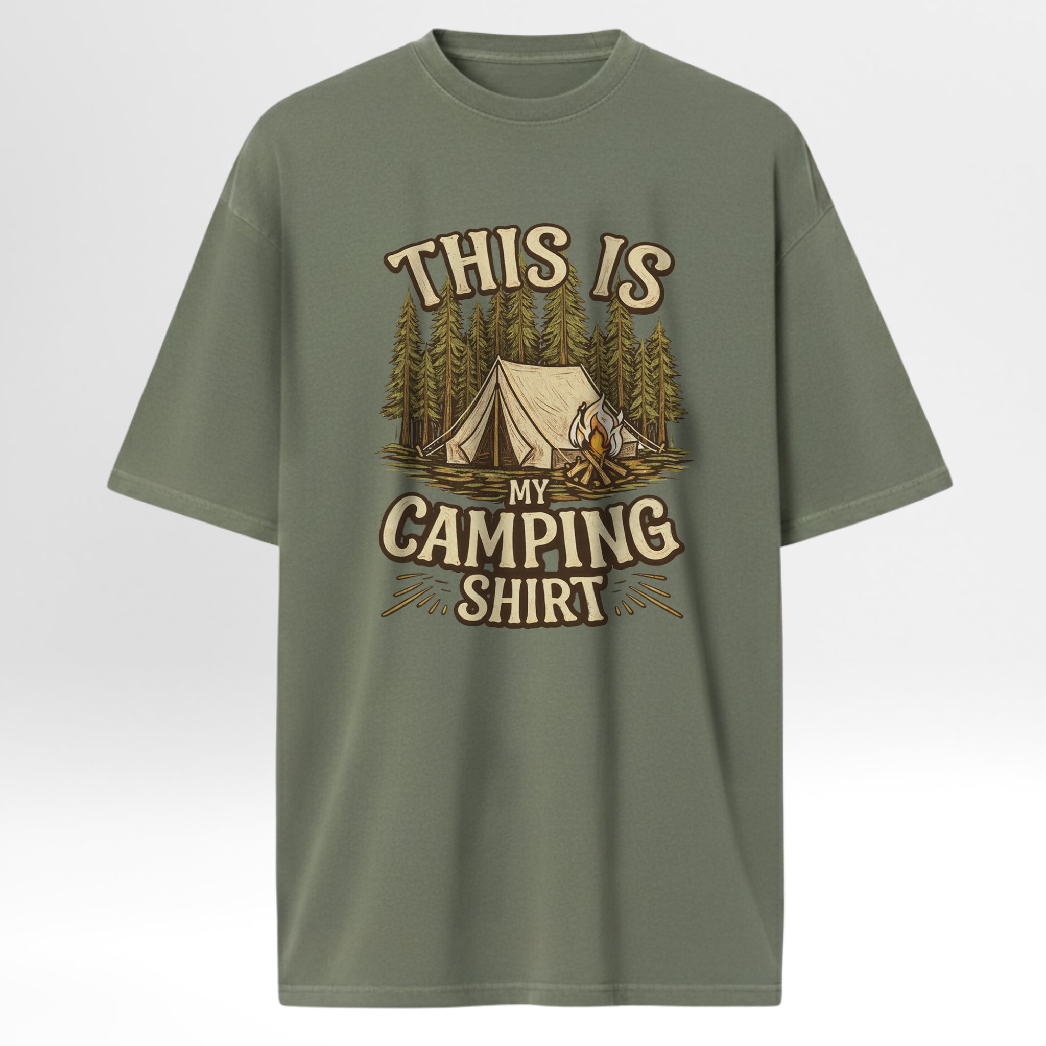 Green t-shirt with camping graphic and text on a green background