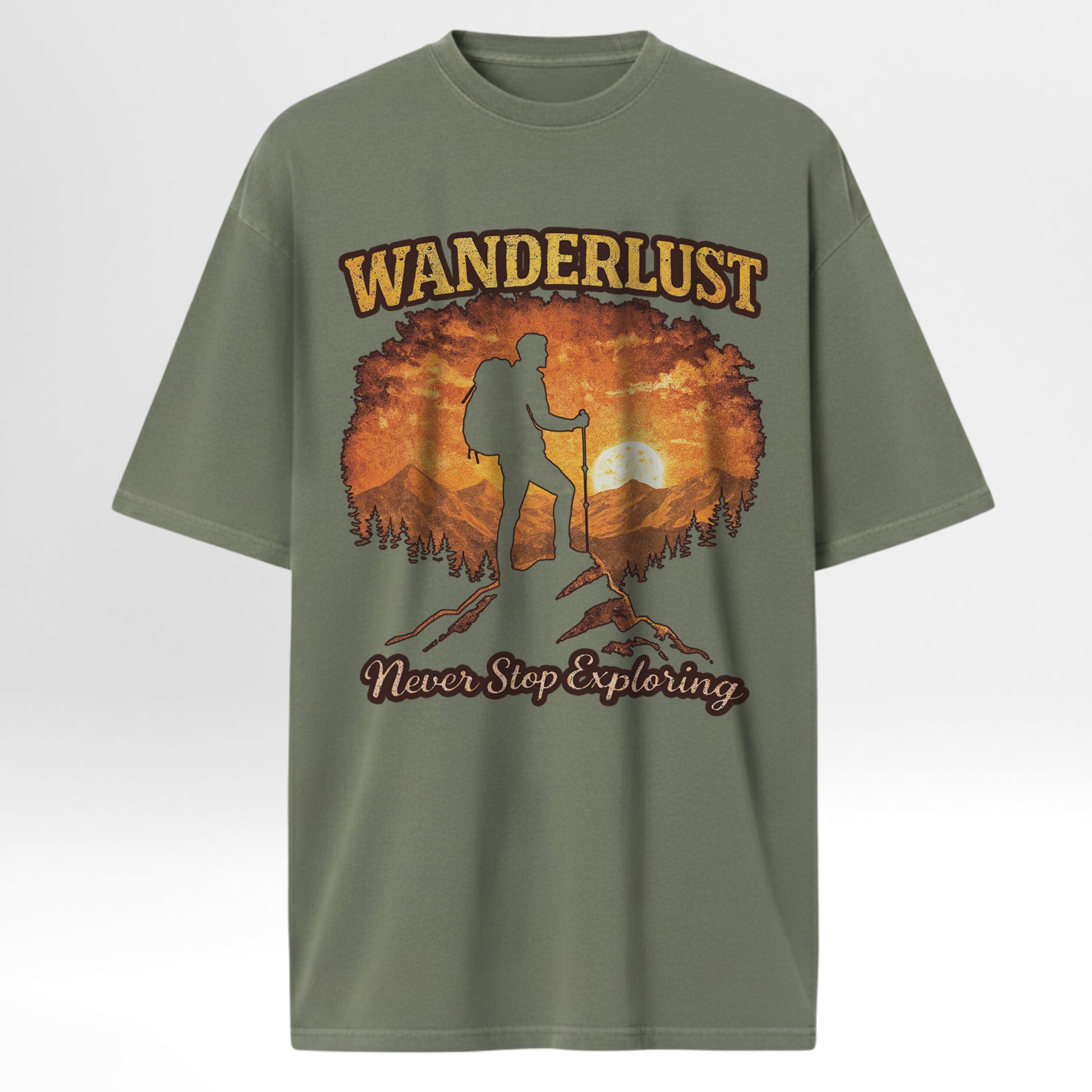Green outdoor t-shirt with 'Wanderlust Never Stop Exploring' graphic design.