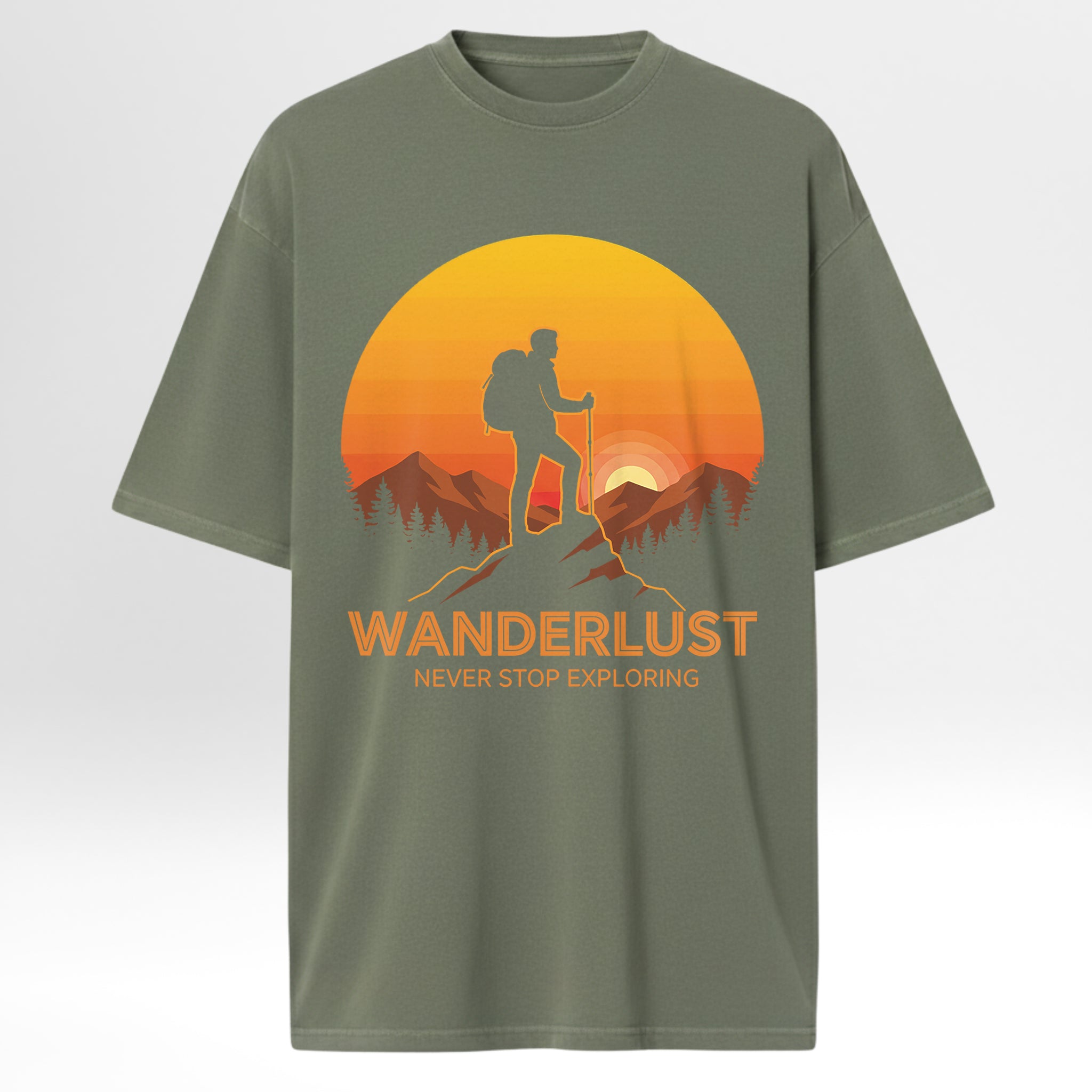 Green trail graphic t-shirt with a hiking graphic and 'Wanderlust Never Stop Exploring' text on a white background