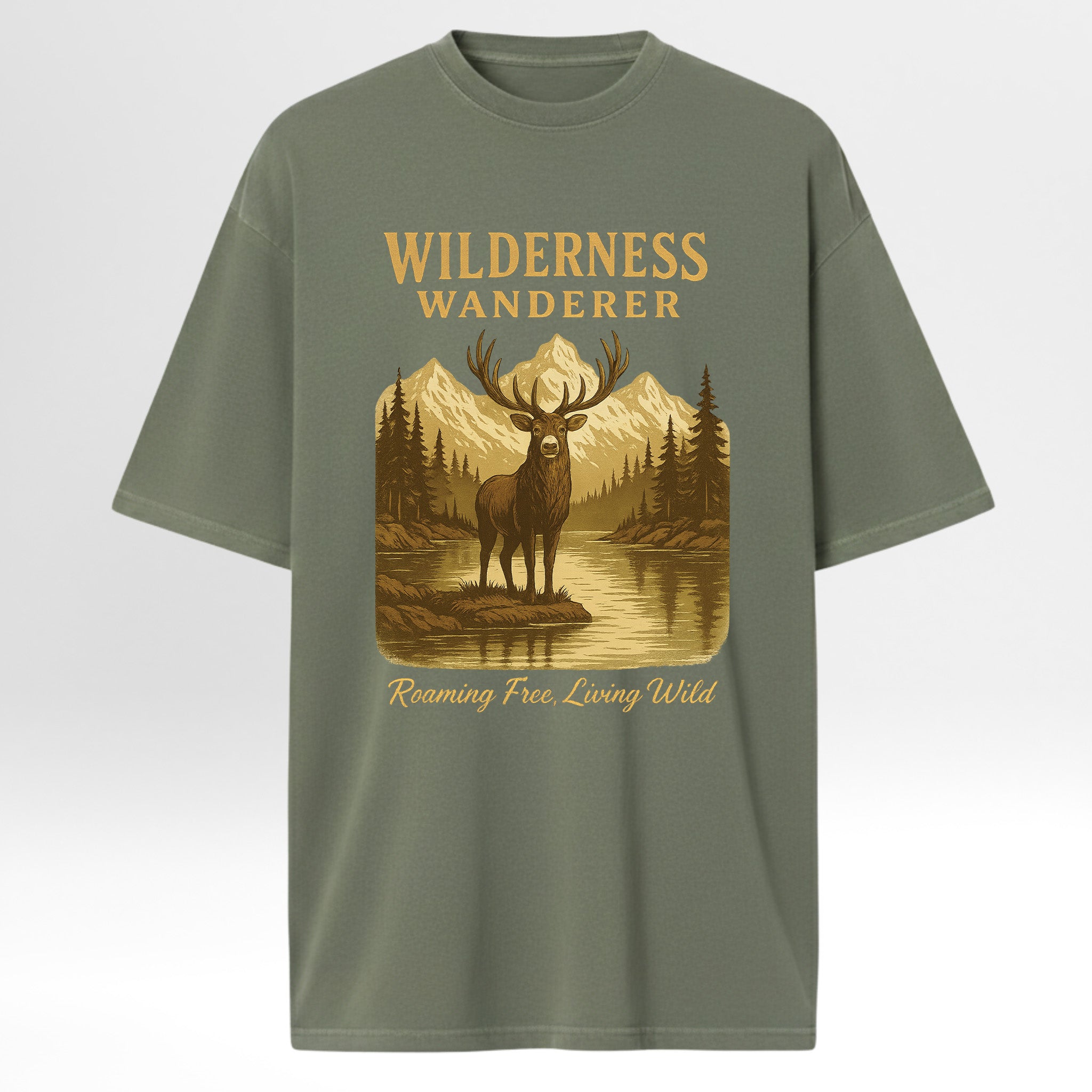 Green hunting graphic t-shirt with a graphic of a deer and mountains, featuring the text 'Wilderness Wanderer'.
