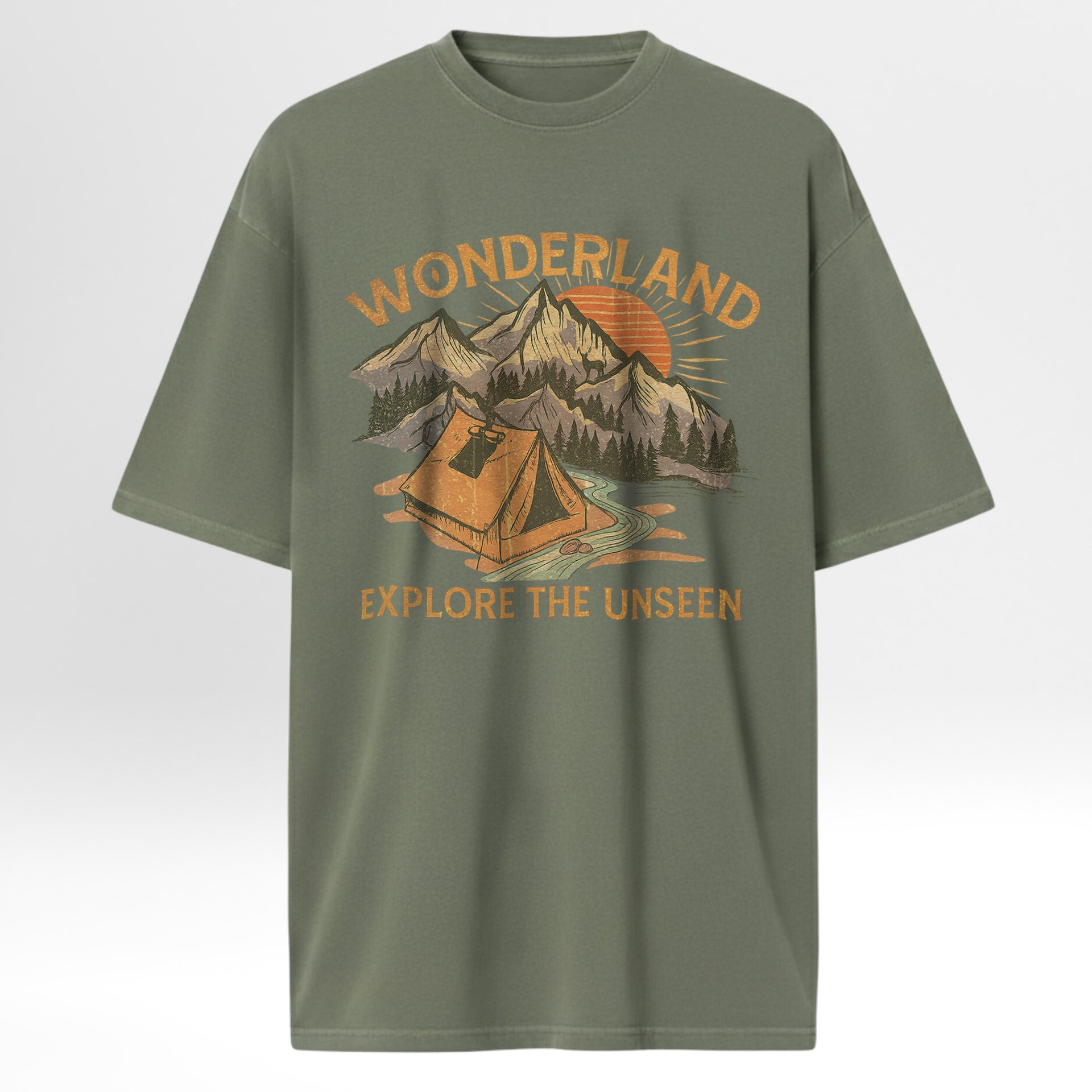 Green outdoor t-shirt with a mountain and tent graphic and 'Wonderland Explore the Unseen' text.