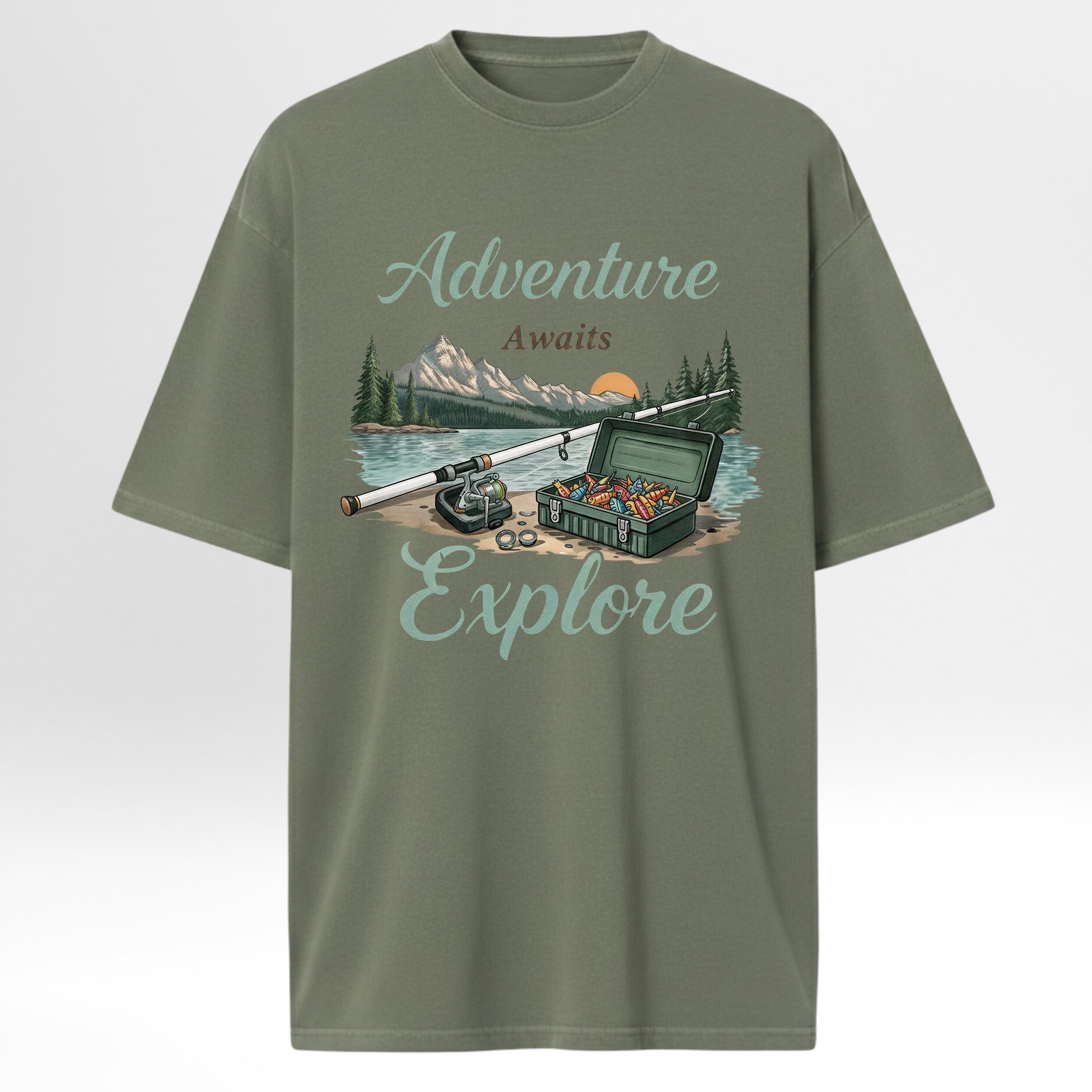 Green fishing t-shirt with outdoor-themed graphic and 'Adventure Awaits Explore' text.