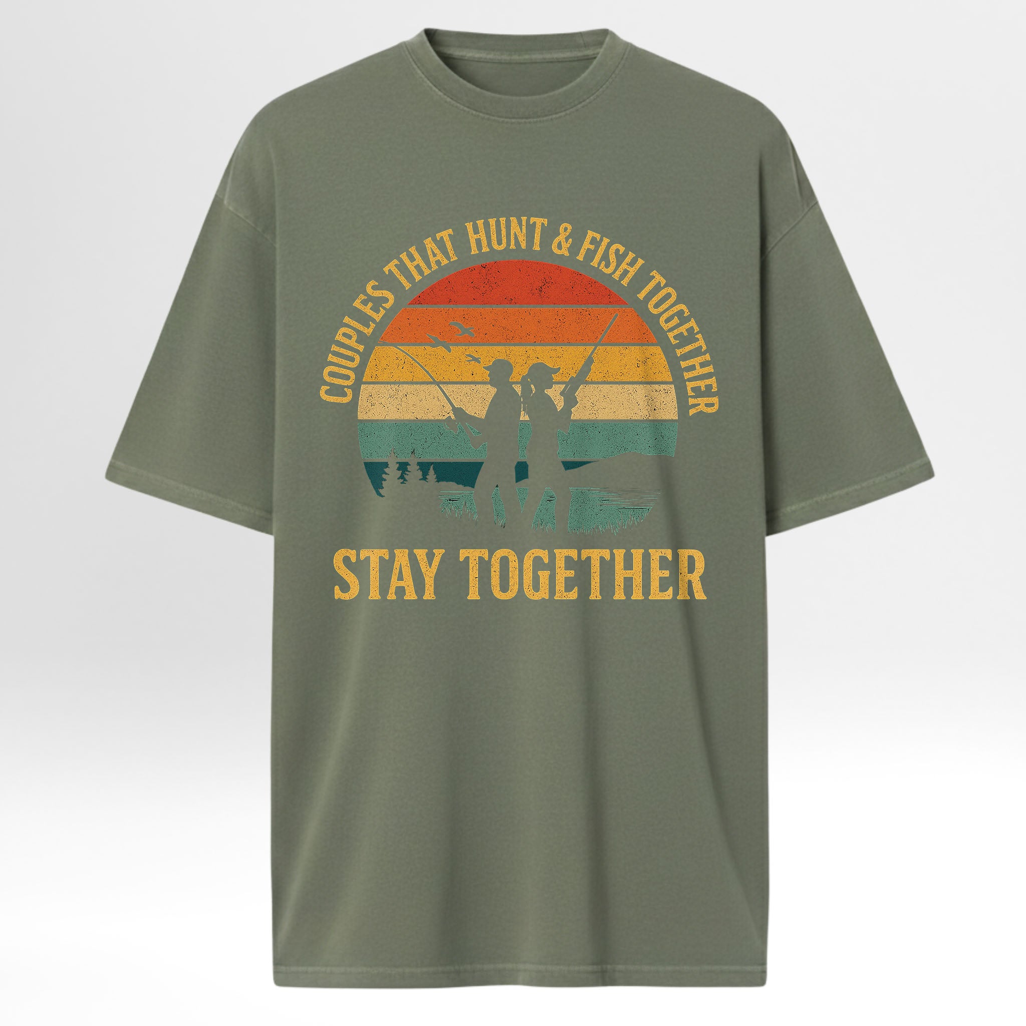 Green fishing t-shirt with fishing graphic and text 'Couples That Hunt & Fish Together Stay Together'