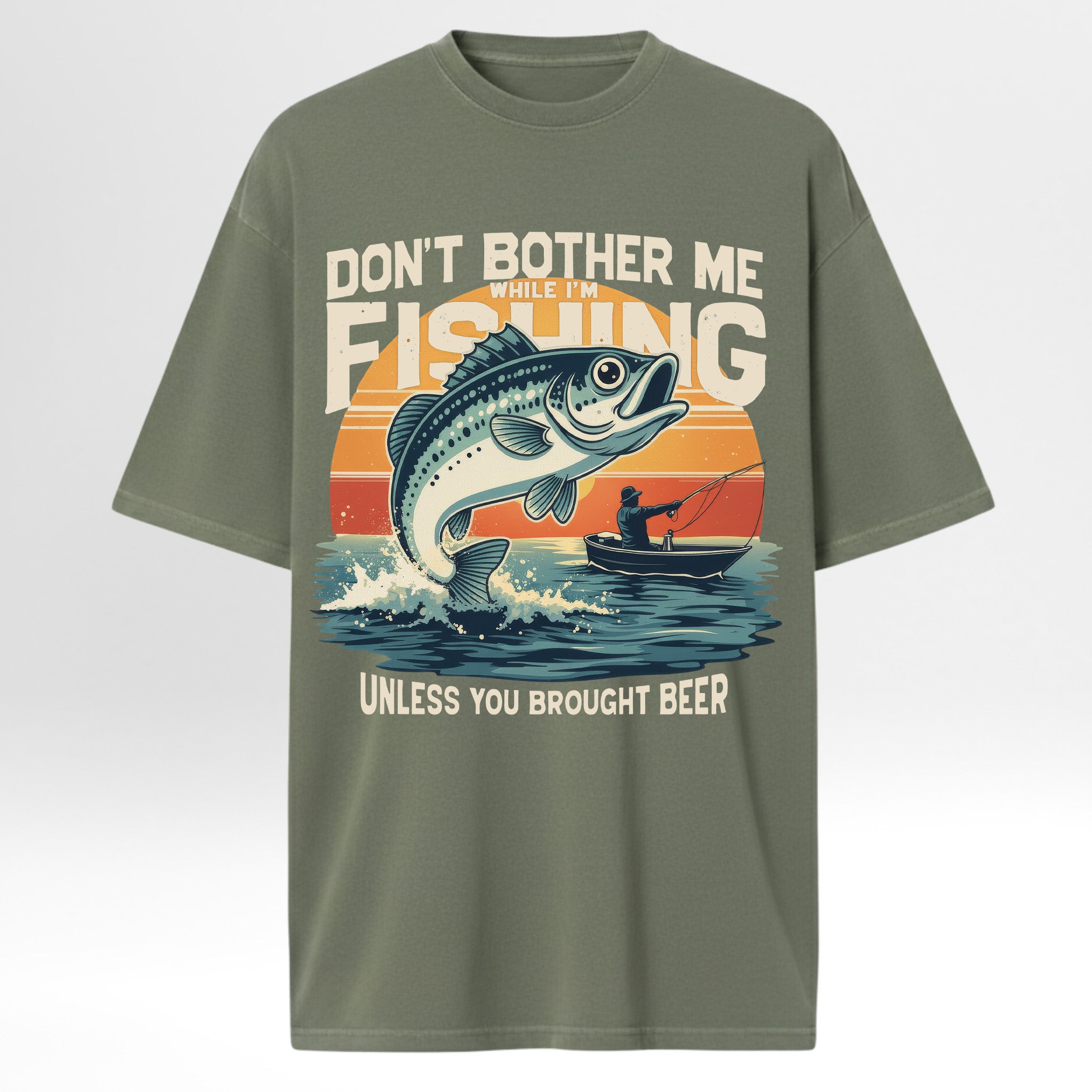Green fishing t-shirt with fishing graphic and text 'Don't Bother Me While I'm Fishing Unless You Brought Beer'