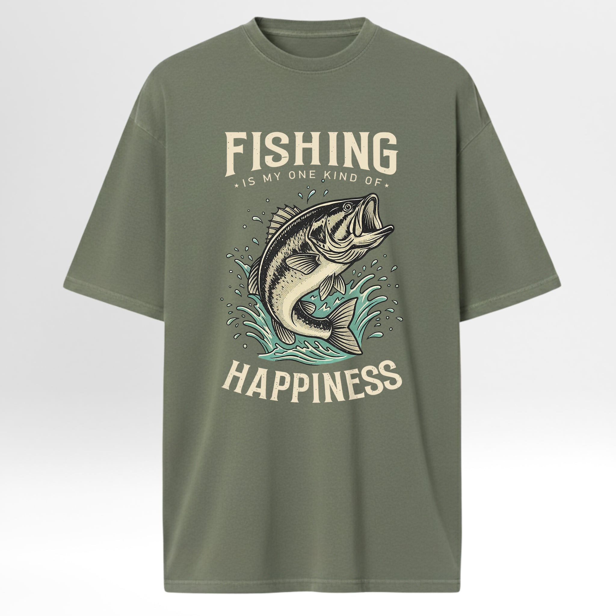 Green fishing t-shirt with fishing graphic and text 'Fishing Is My One Kind Of Happiness'