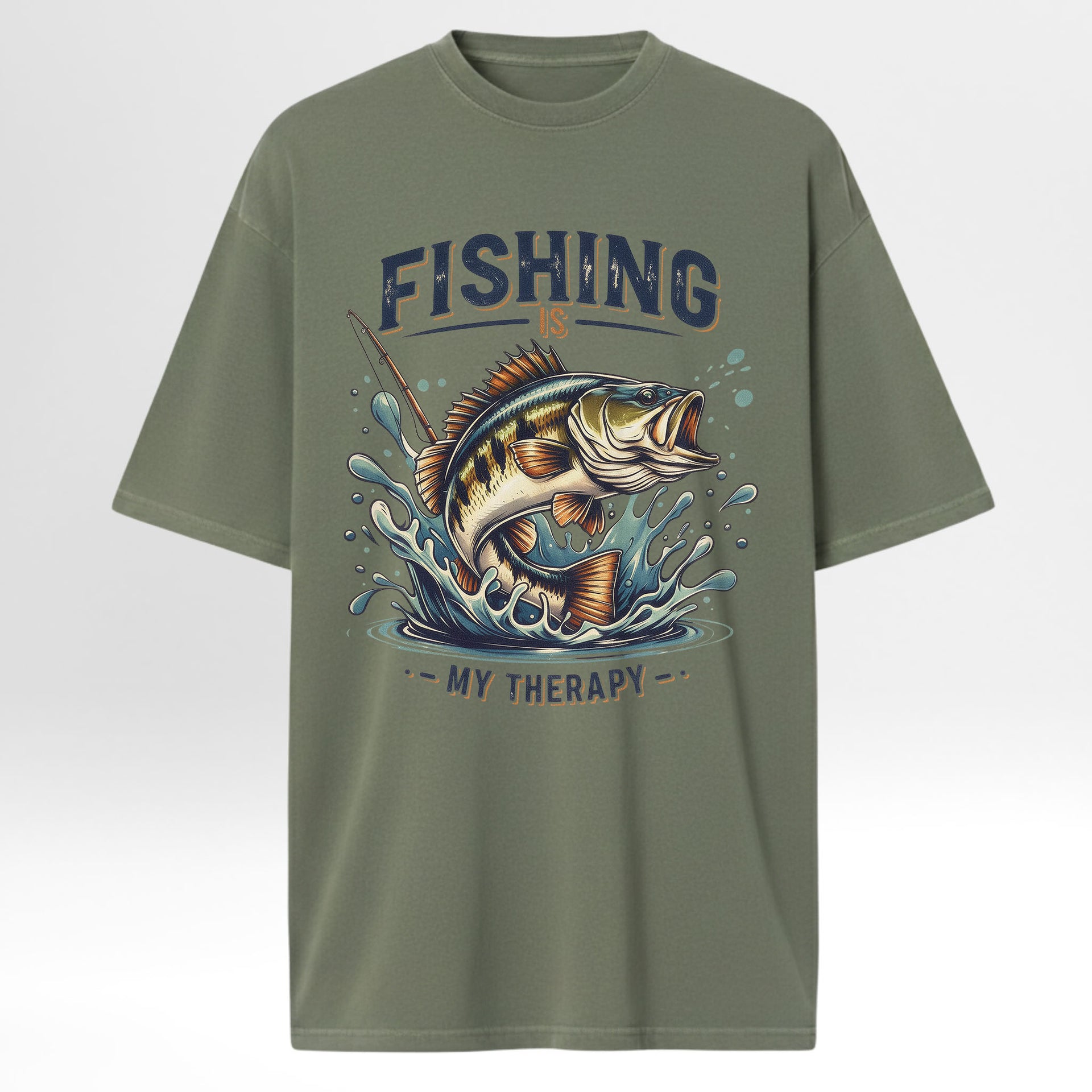 Green fishing t-shirt with a fish graphic and text 'Fishing Is My Therapy'