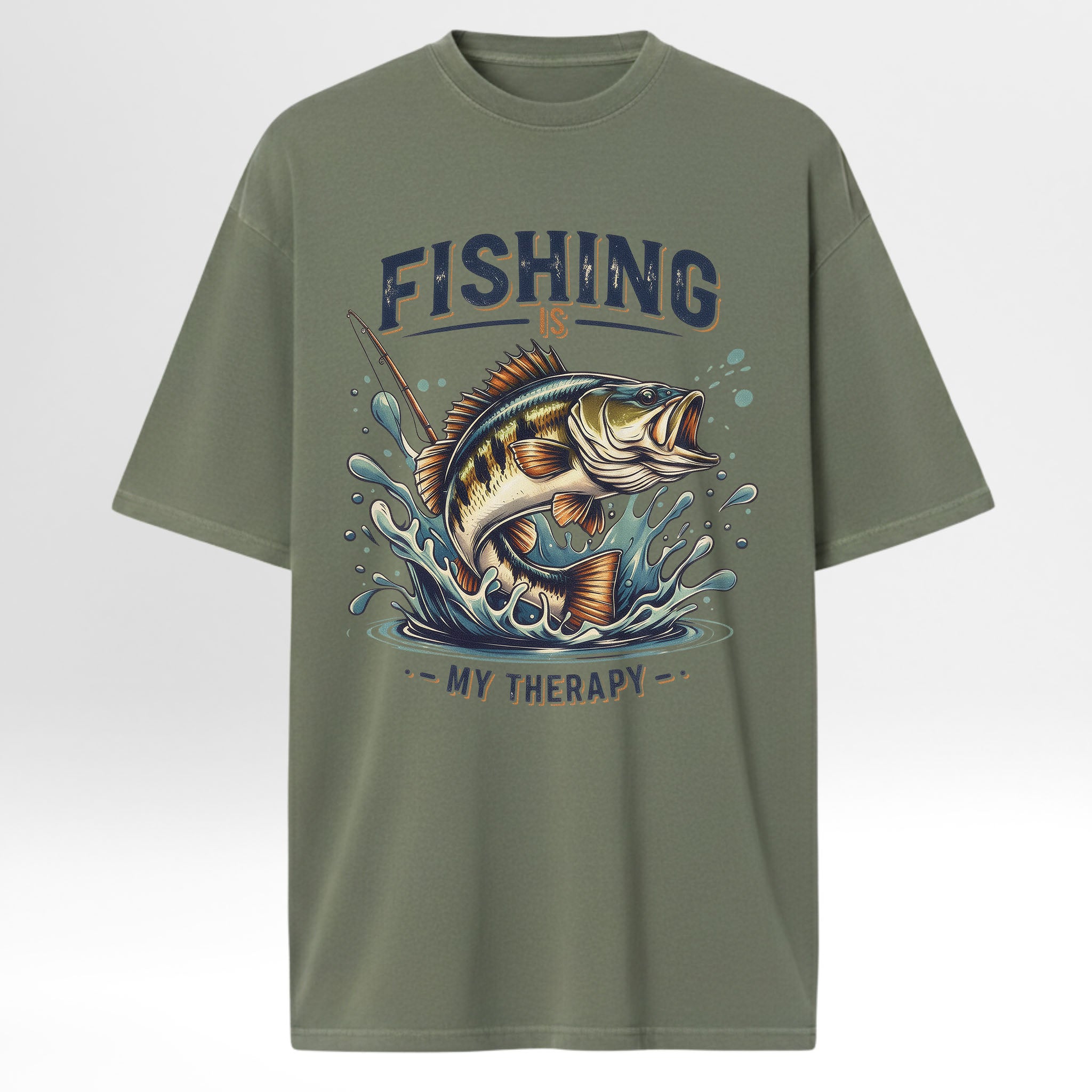 Green fishing t-shirt with a fish graphic and text 'Fishing Is My Therapy'