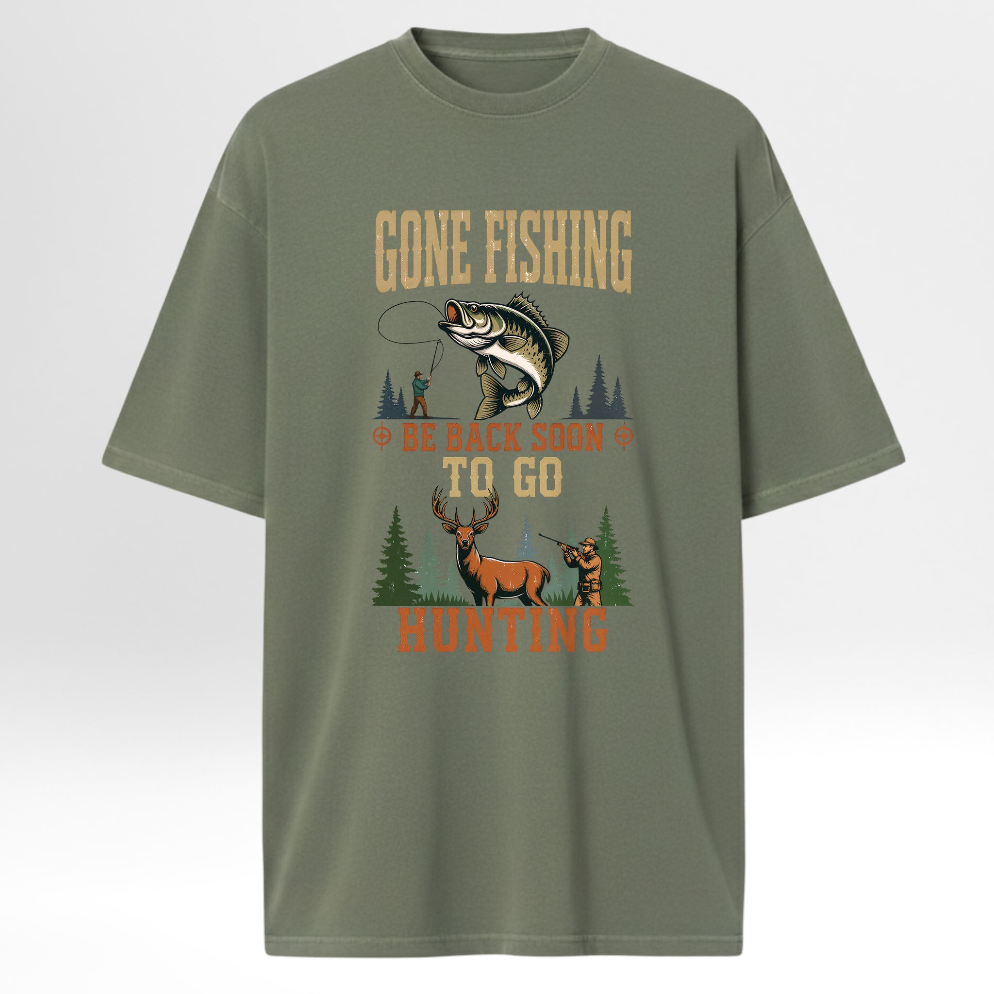 Green hunting t-shirt with fishing and hunting graphic and text 'Gone Fishin' Be Back Soon To Go Hunting'