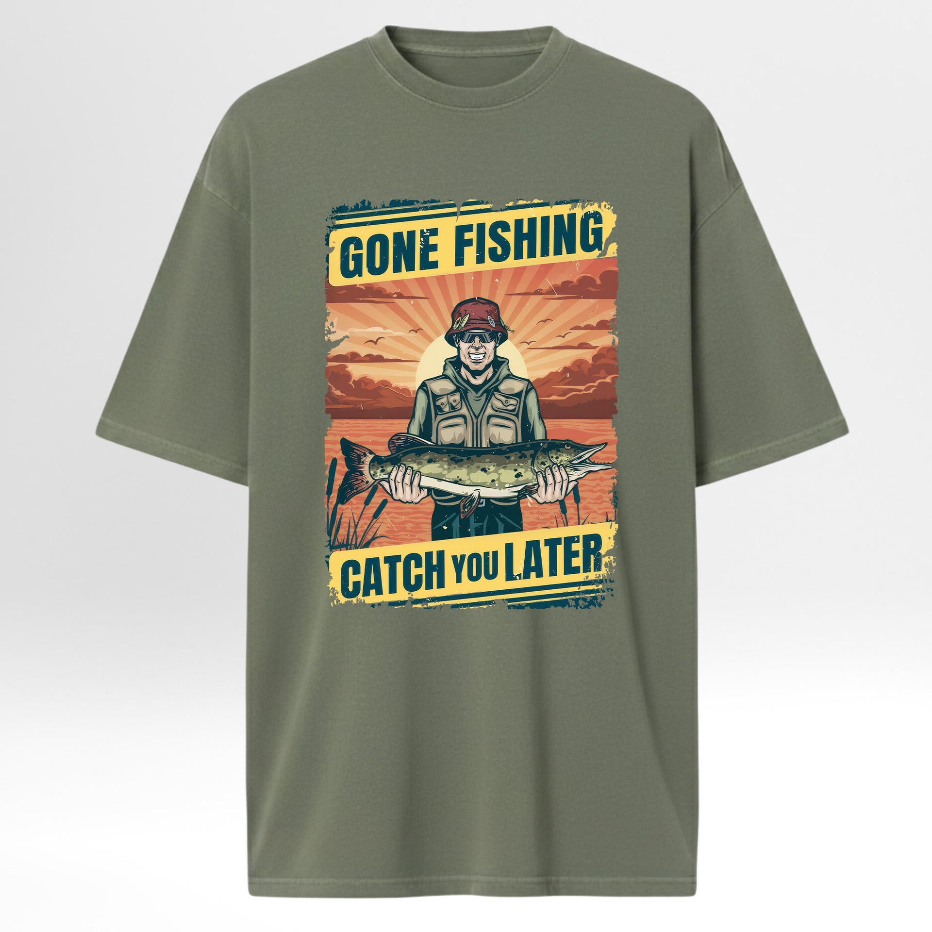 Green hunting t-shirt with a fishing graphic and text 'Gone Fishing Catch You Later'