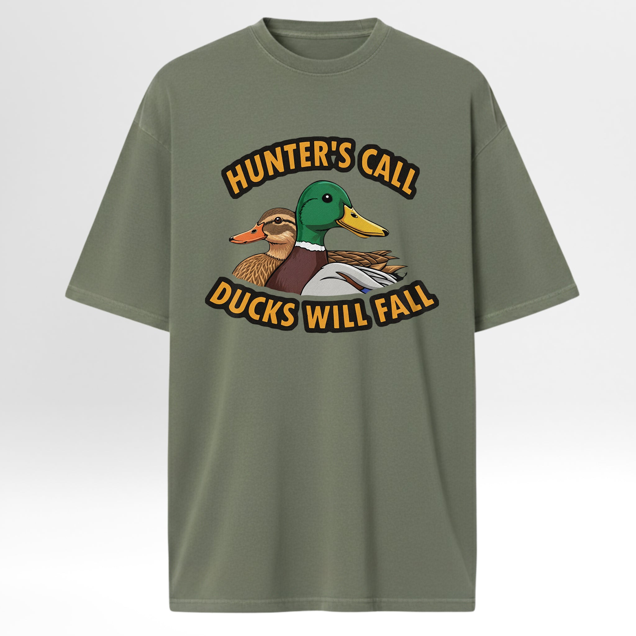 Green hunting t-shirt with a duck graphic and text 'Hunter's Call Ducks Will Fall'