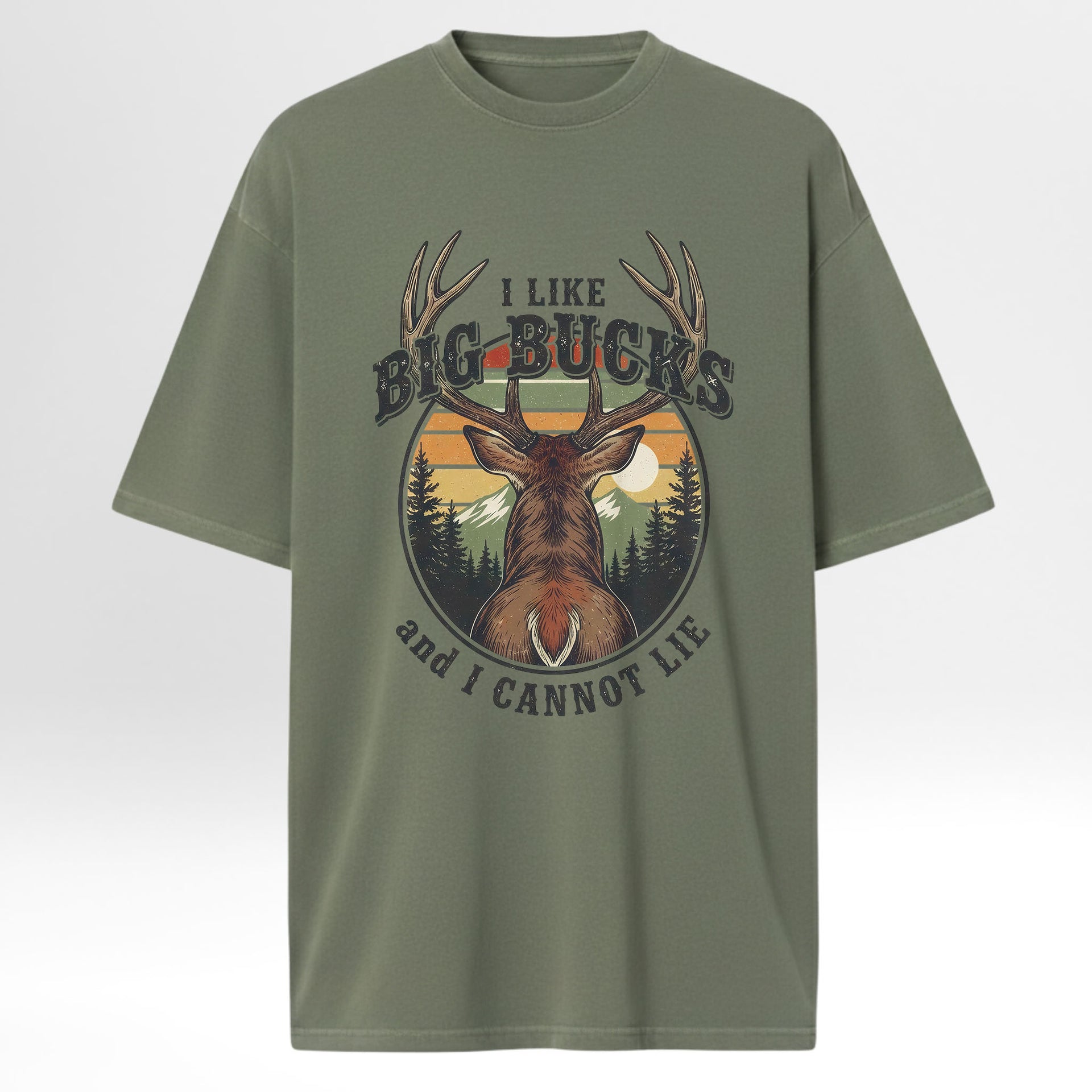 Green hunting t-shirt with a graphic of a deer and text 'I like big bucks and I cannot lie'