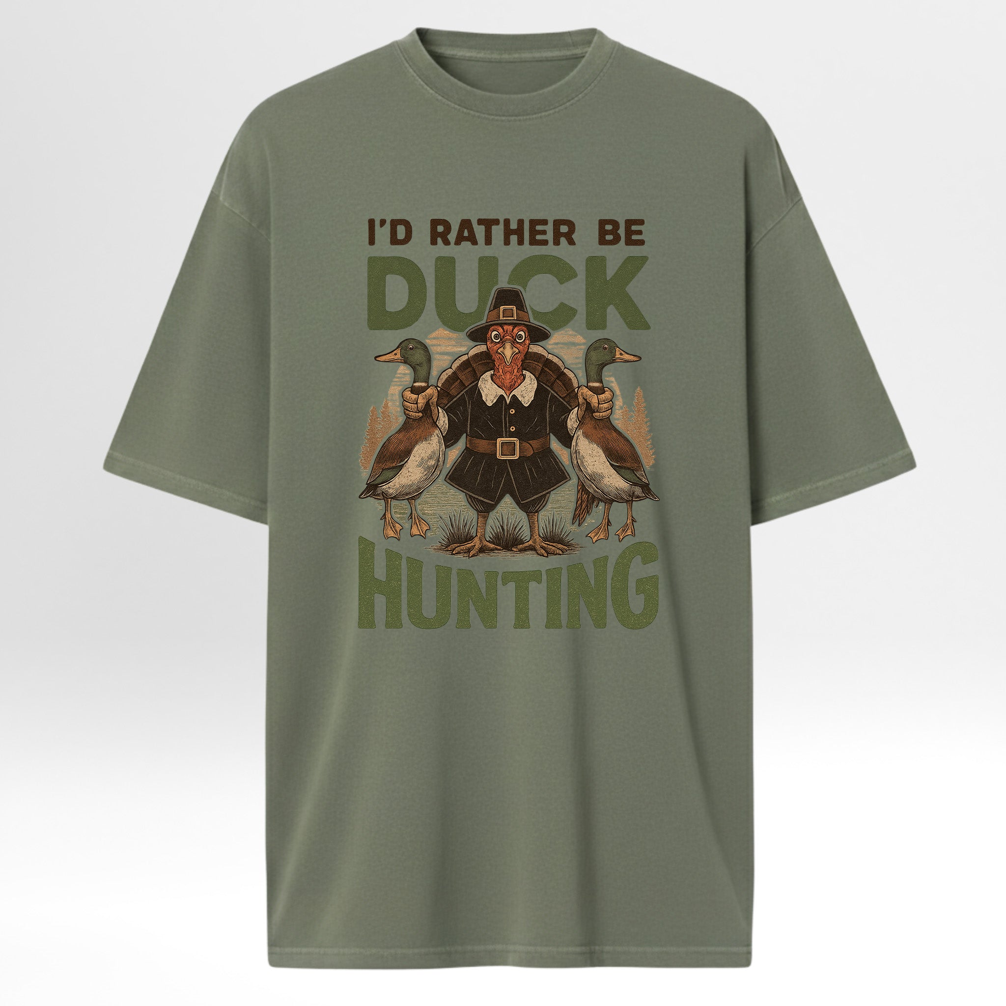 Green hunting t-shirt with a graphic of  ducks with text 'I'd Rather Be Duck Hunting' 