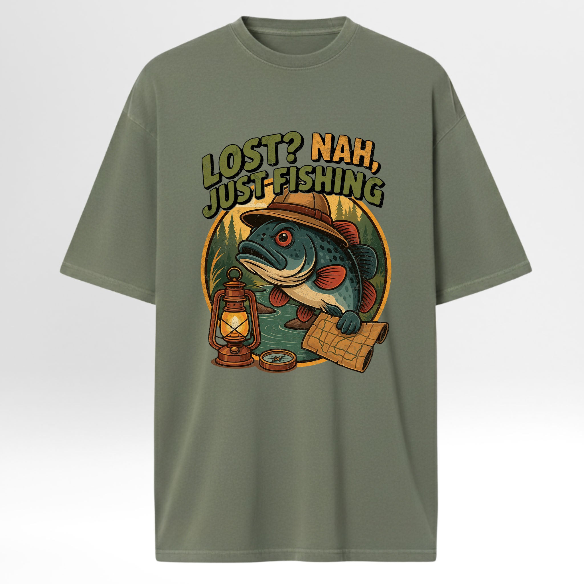 Green fishing t-shirt with a fishing-themed graphic and text 'Lost? Nah, Just Fishing'