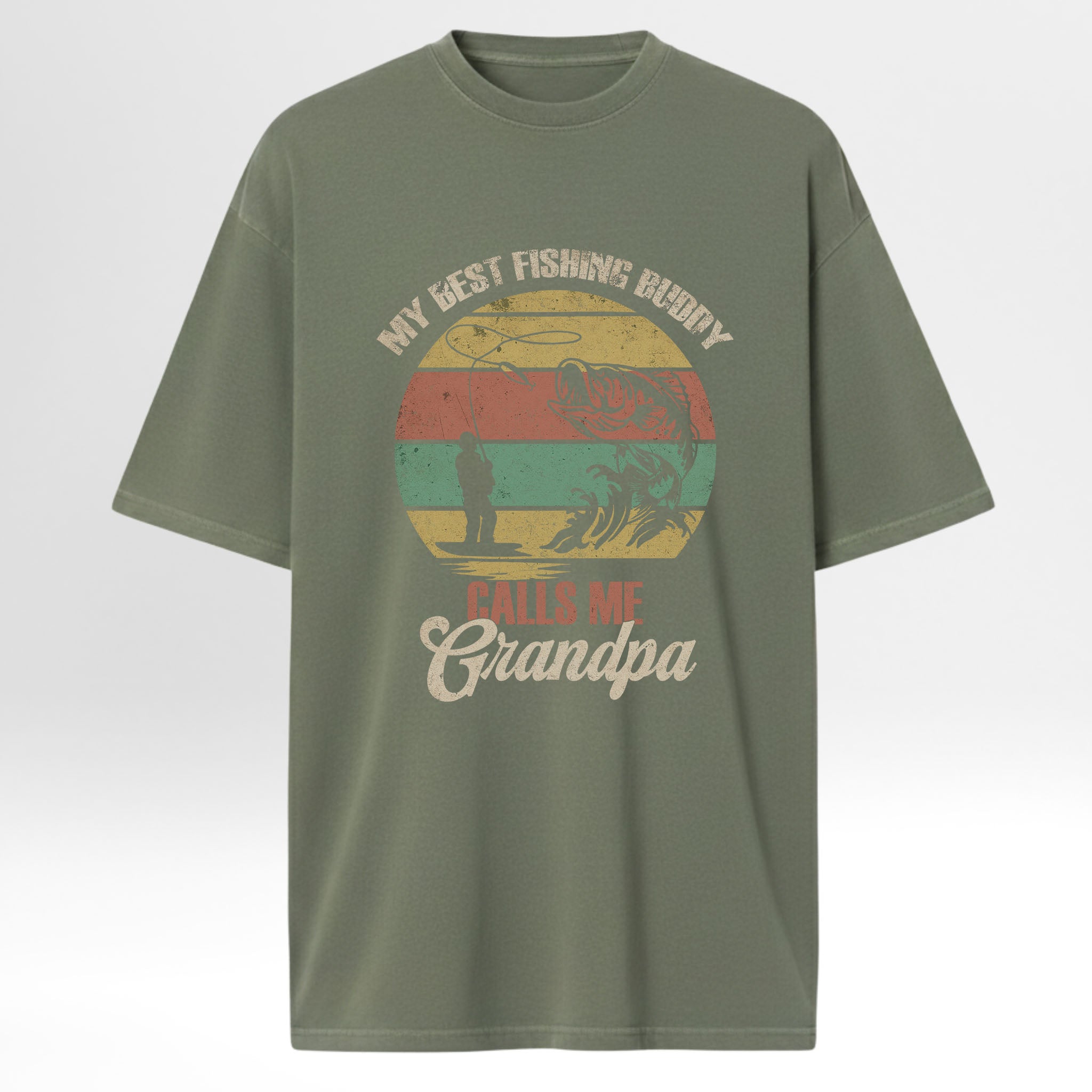 Green fishing t-shirt with fishing graphic and text 'My Best Fishing Buddy Calls Me Grandpa'