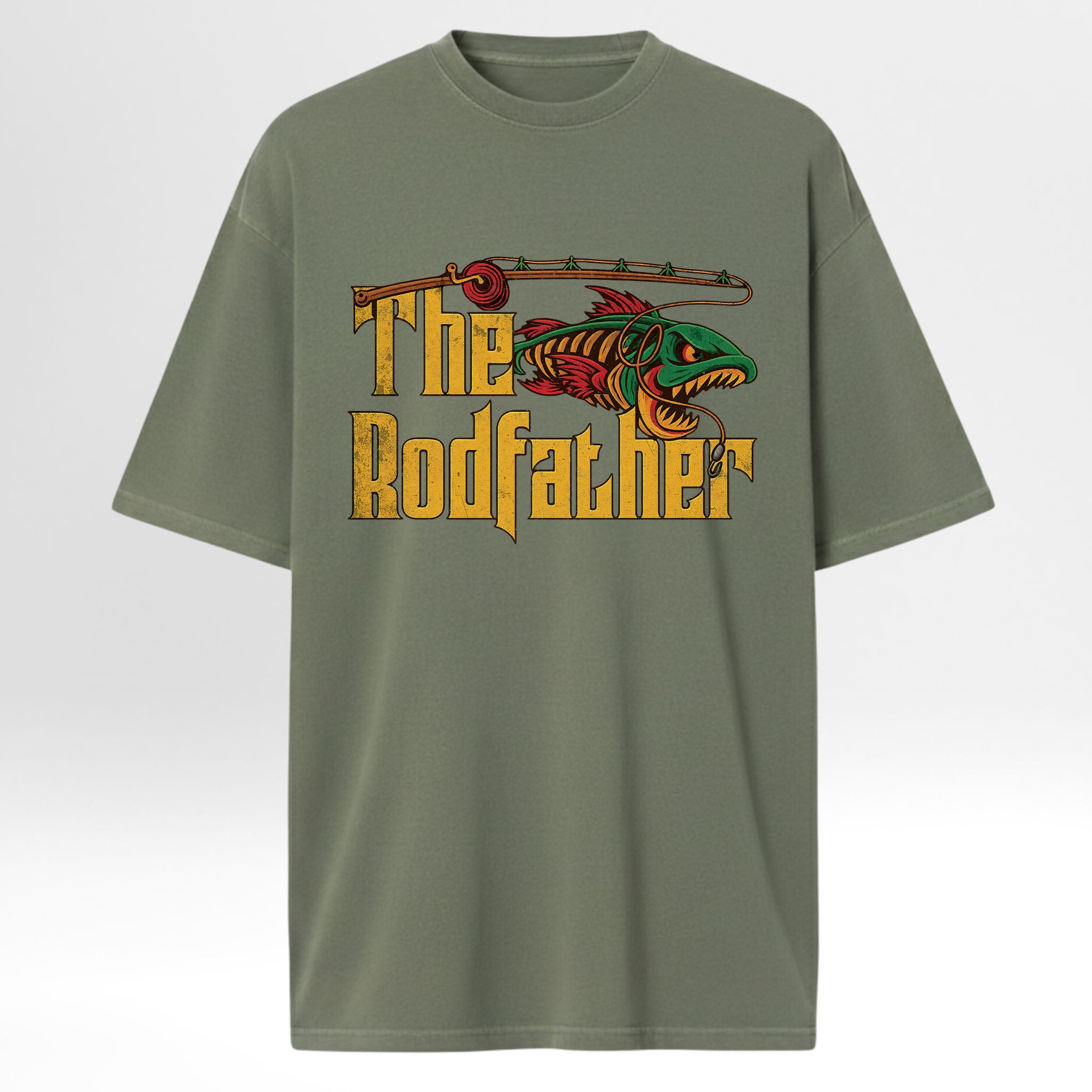 Green fishing t-shirt with 'The Rodfather' text