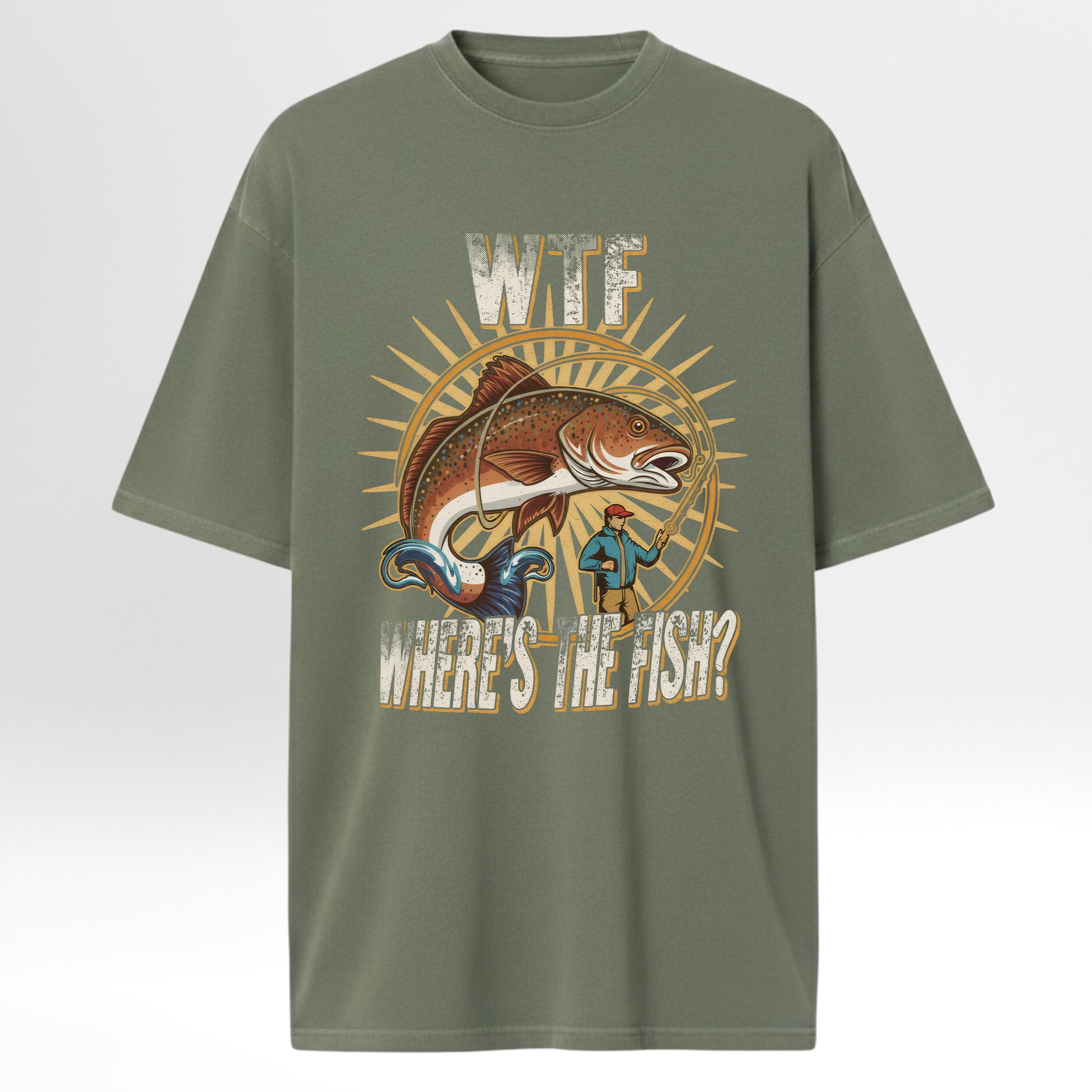 Green fishing t-shirt with a graphic design of a fish and text 'WTF Where's The Fish'
