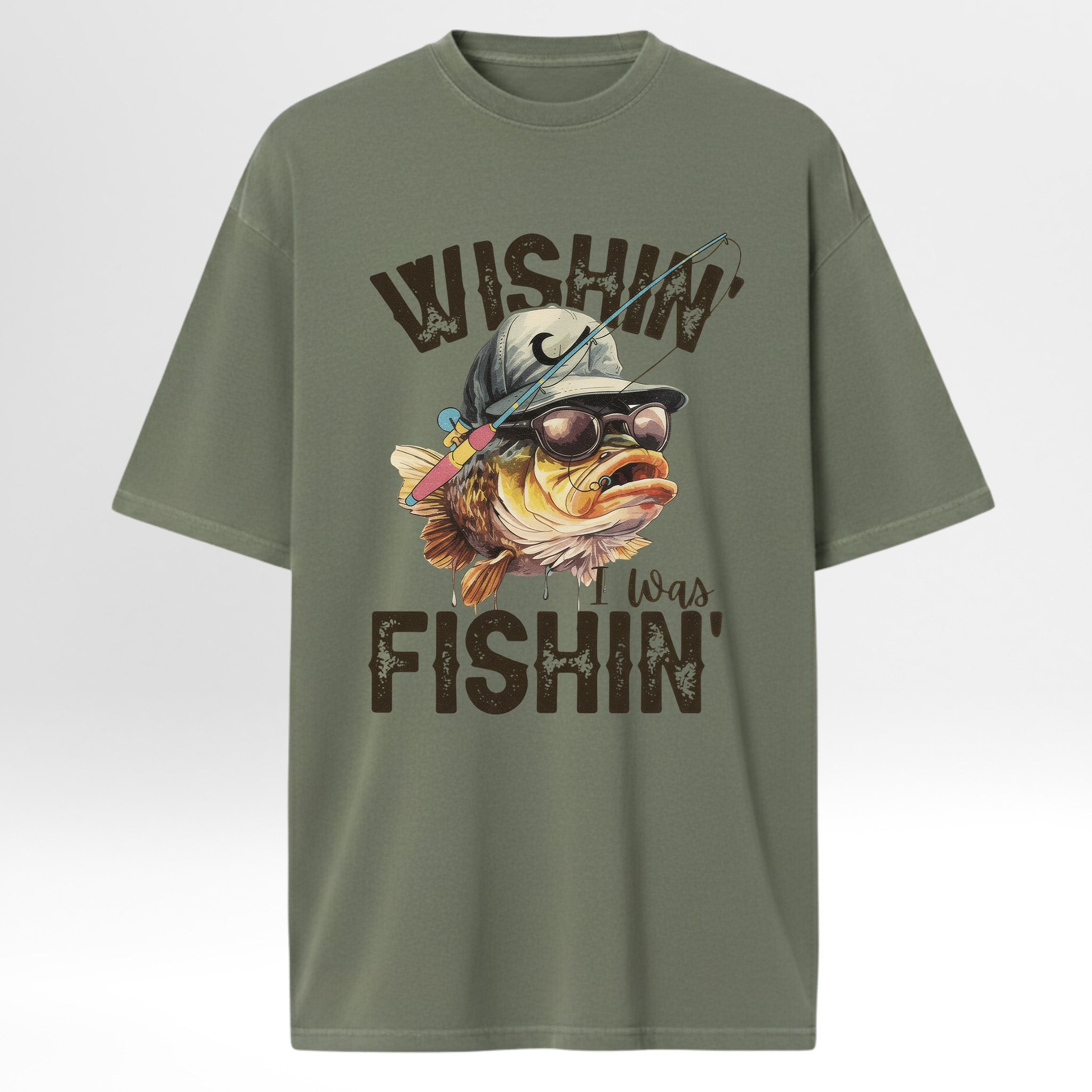 Green fishing t-shirt with a fish graphic and text 'Wishin' I Was Fishin'