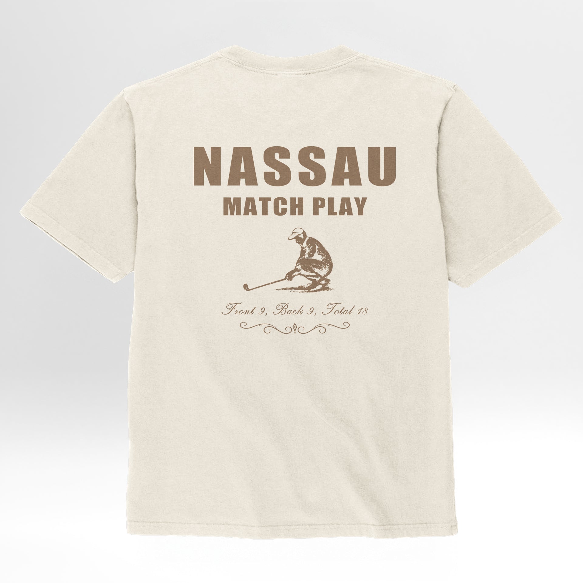 Beige t-shirt with 'Nassau Match Play' text and golfer graphic.
