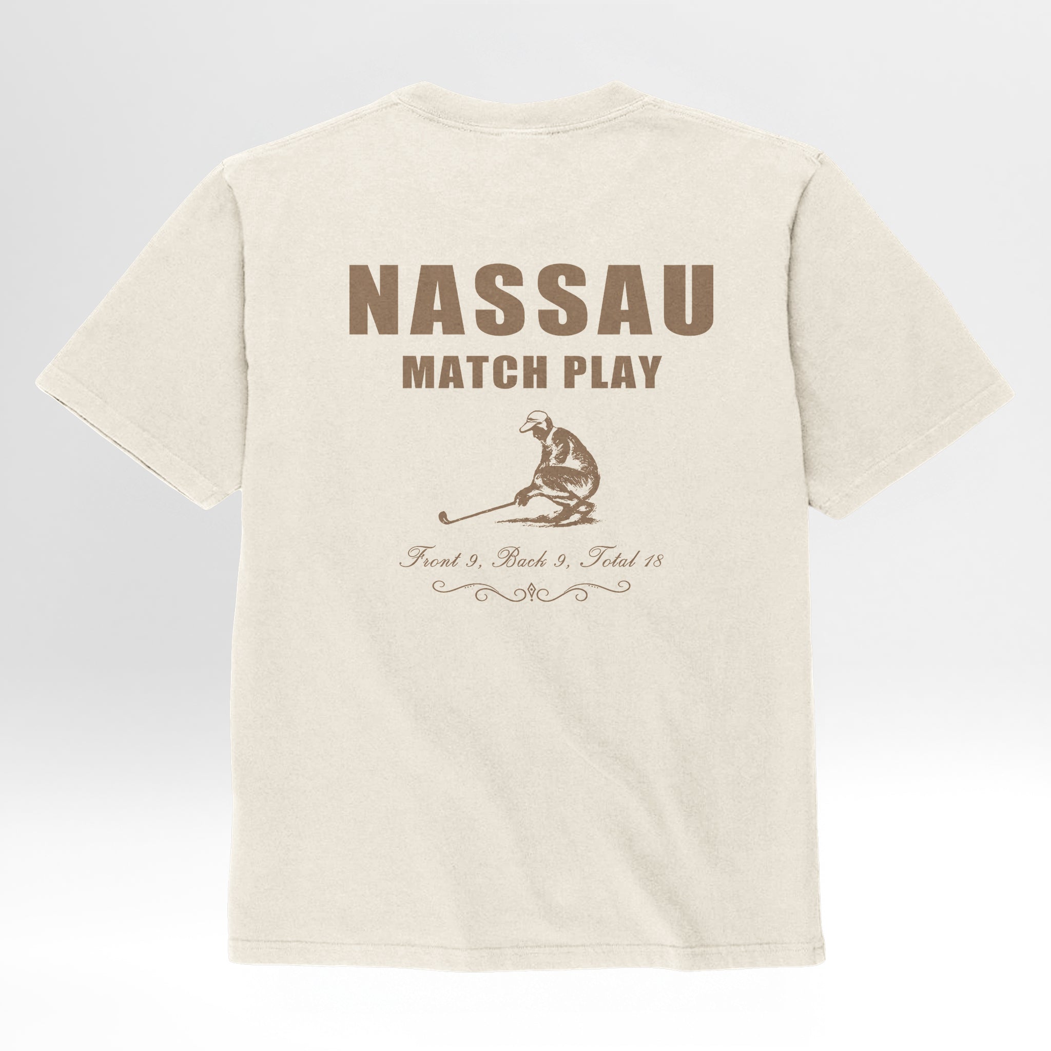 Beige t-shirt with 'Nassau Match Play' text and golfer graphic.