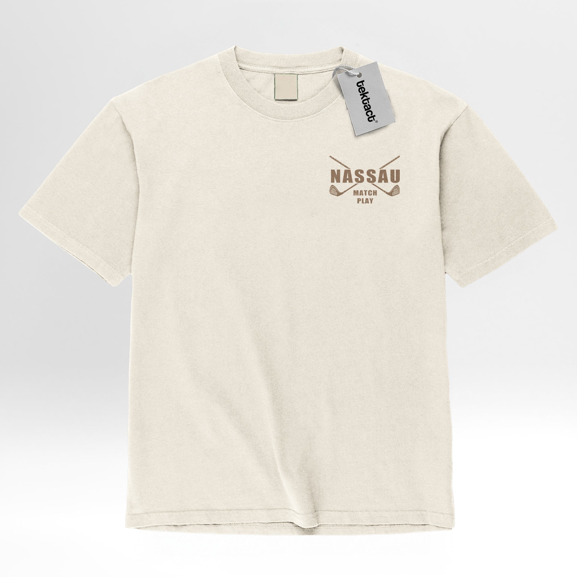 Beige t-shirt with 'Nassau' logo.