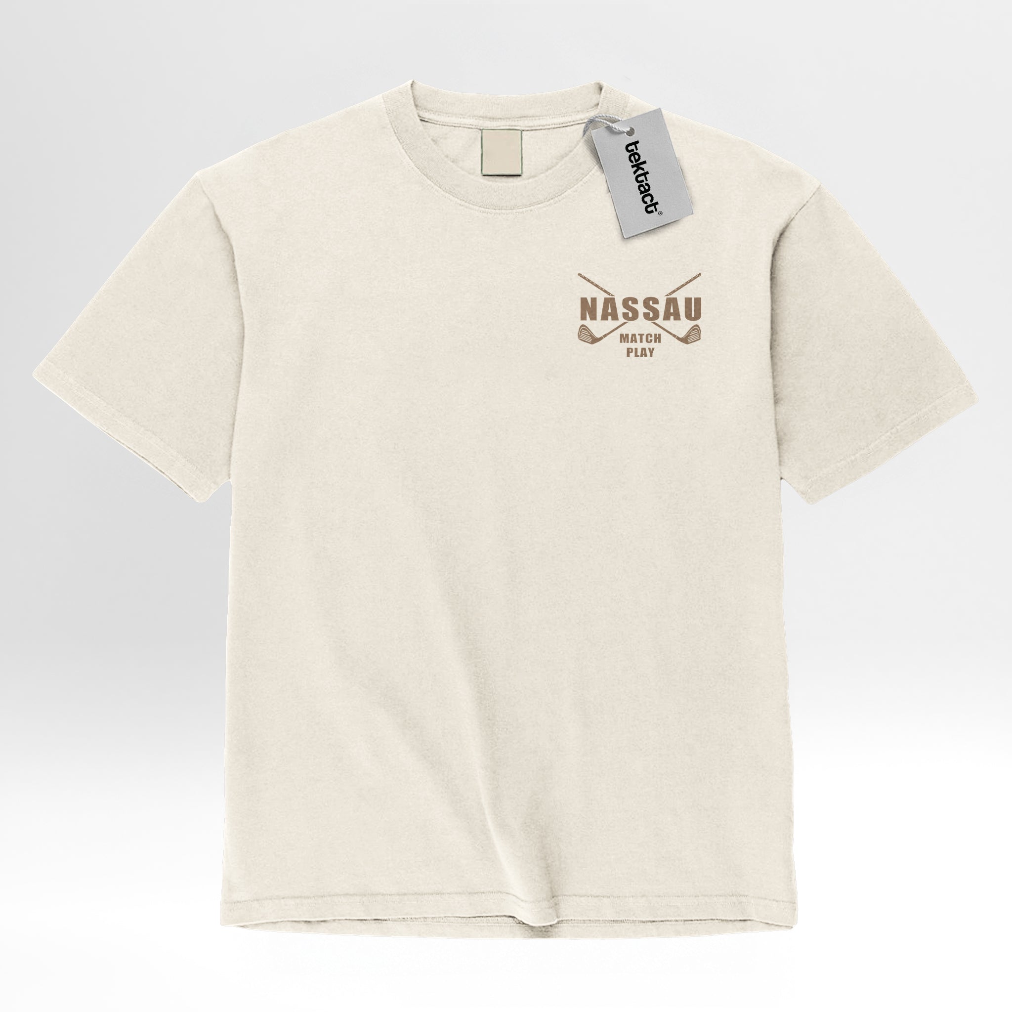 Beige t-shirt with 'Nassau' logo.