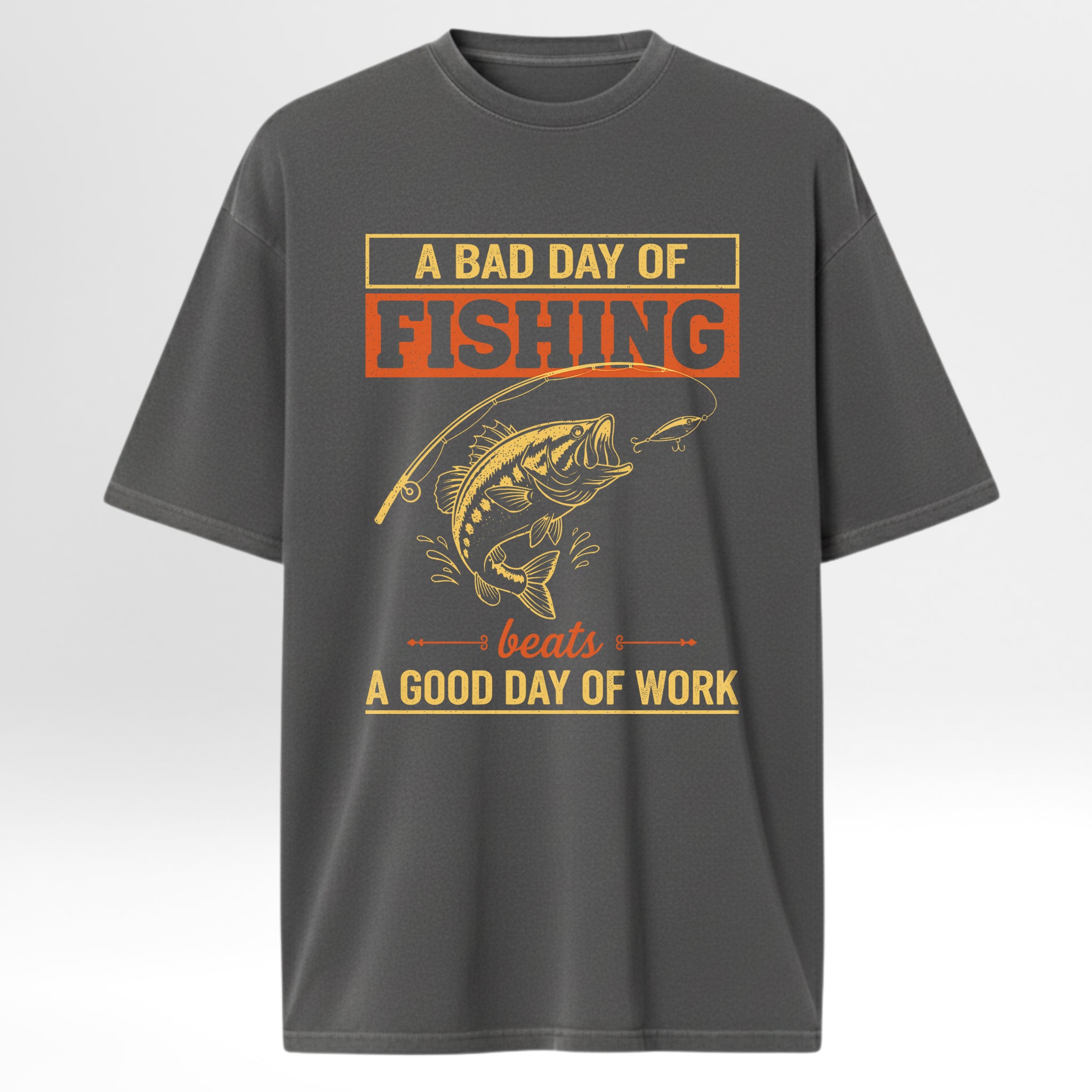Gray fishing t-shirt with fishing-themed graphic and text 'A Bad Day Of Fishing Beats A Good Day Of Work'.