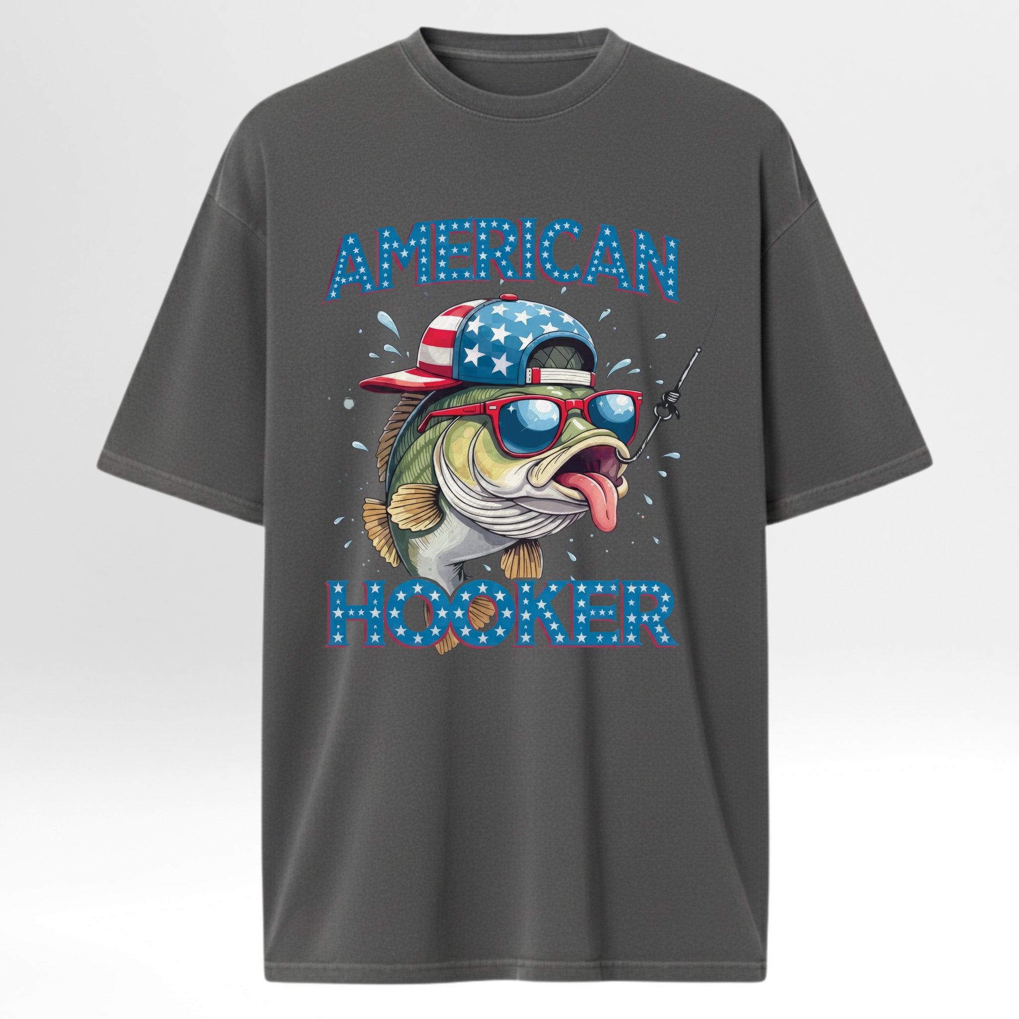 Gray fishing graphic t-shirt with a fish graphic wearing an American flag cap and sunglasses, and the text 'American Hooker'